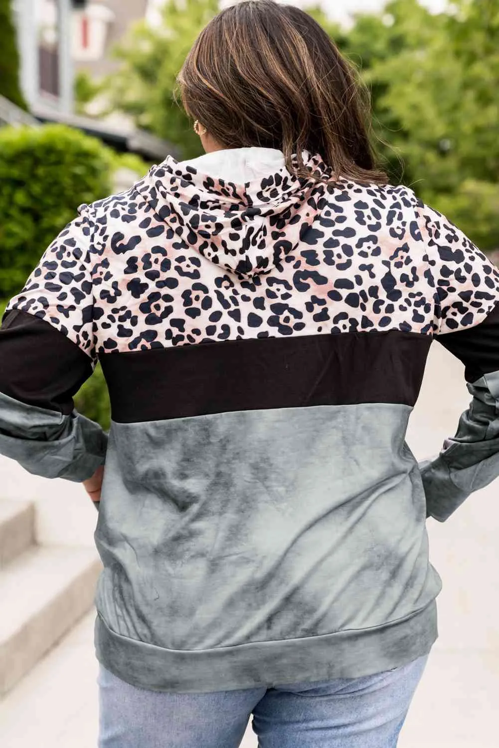 Plus Size Leopard Print Color Block Hoodie with Kangaroo Pocket (3 Colors)