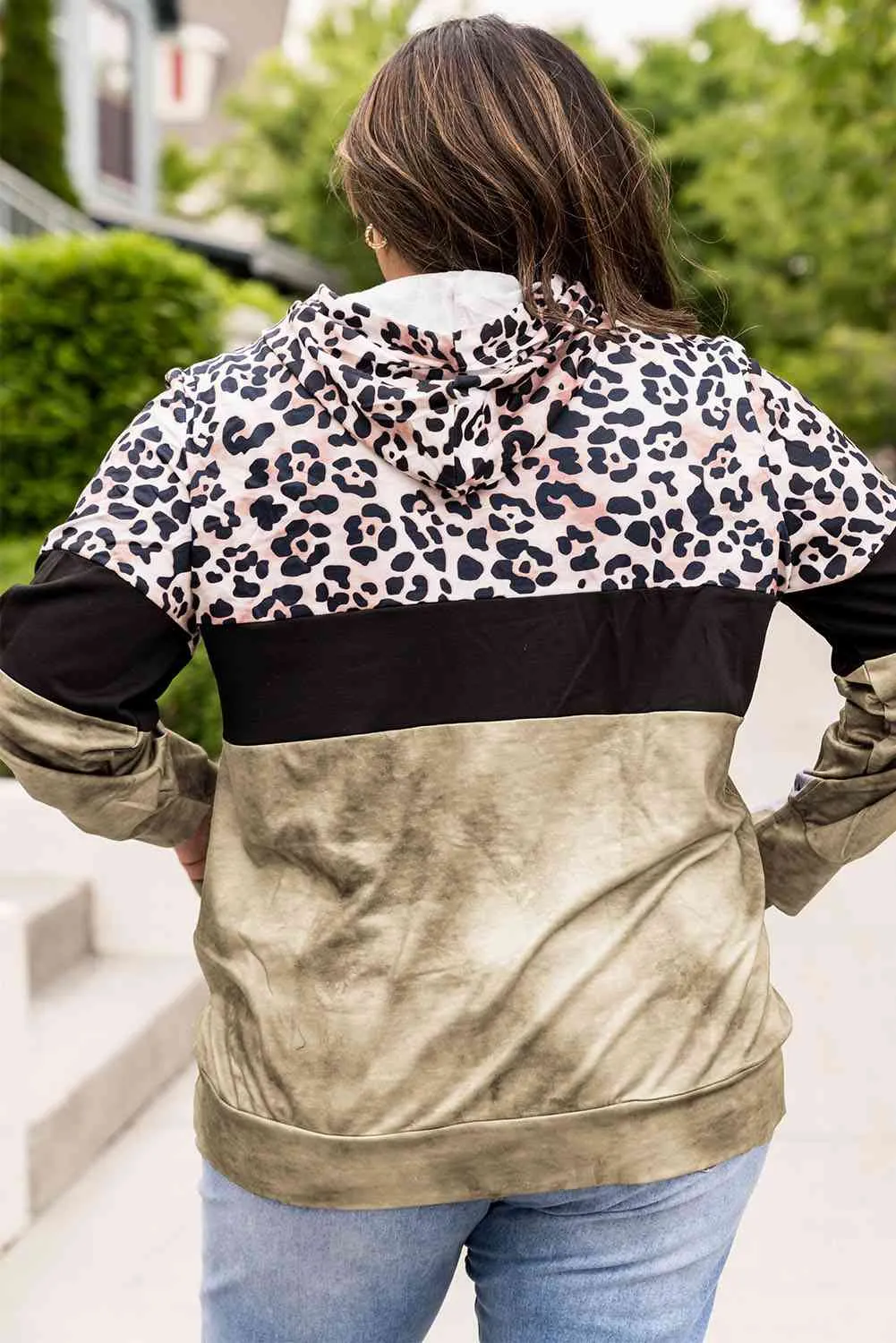 Plus Size Leopard Print Color Block Hoodie with Kangaroo Pocket (3 Colors)