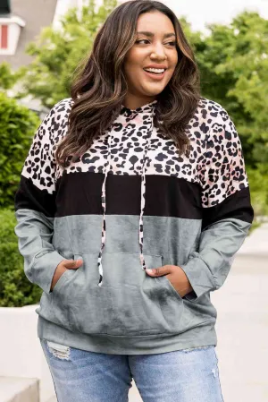 Plus Size Leopard Print Color Block Hoodie with Kangaroo Pocket (3 Colors)