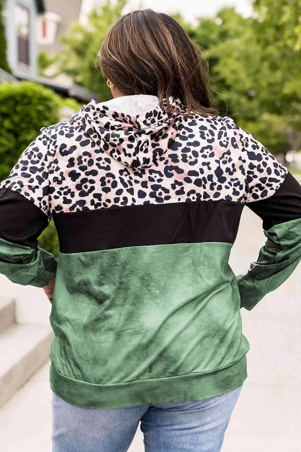 Plus Size Leopard Print Color Block Hoodie with Kangaroo Pocket (3 Colors)