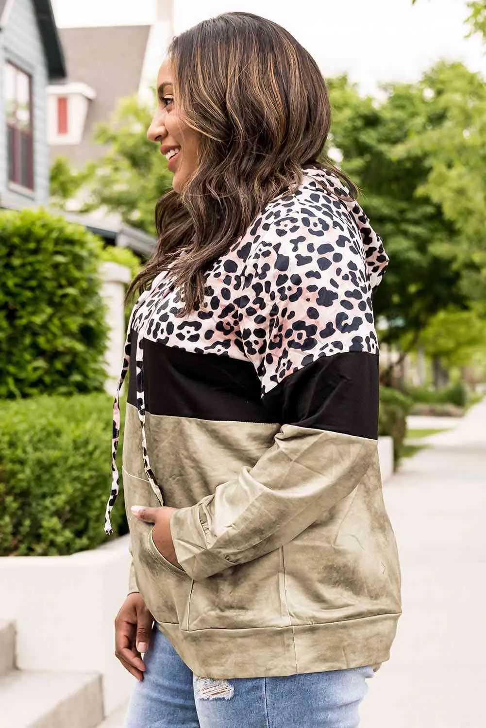 Plus Size Leopard Print Color Block Hoodie with Kangaroo Pocket (3 Colors)