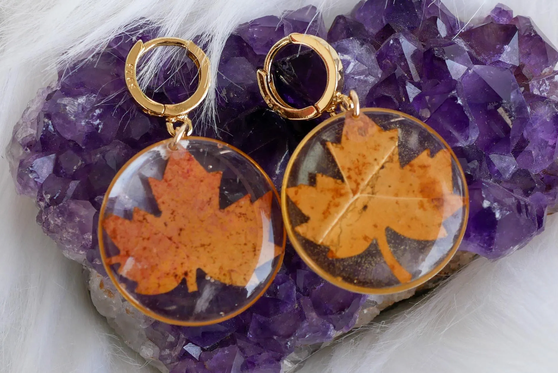 Pressed Maple Leaf Earrings – Real Maple Leaves on Gold-Fill or Sterling Silver Huggies