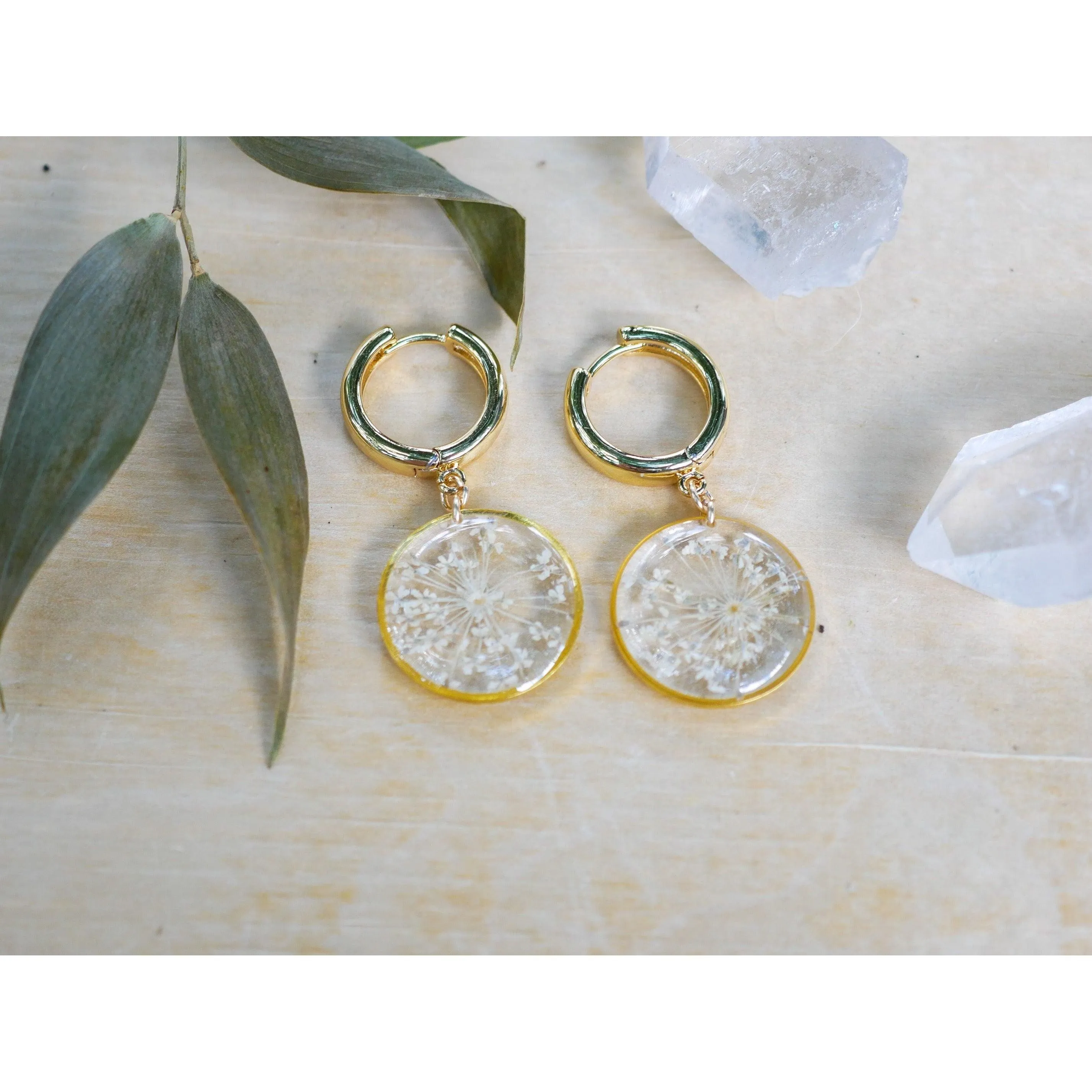 Pressed Queen Anne’s lace Flower CZ Huggies