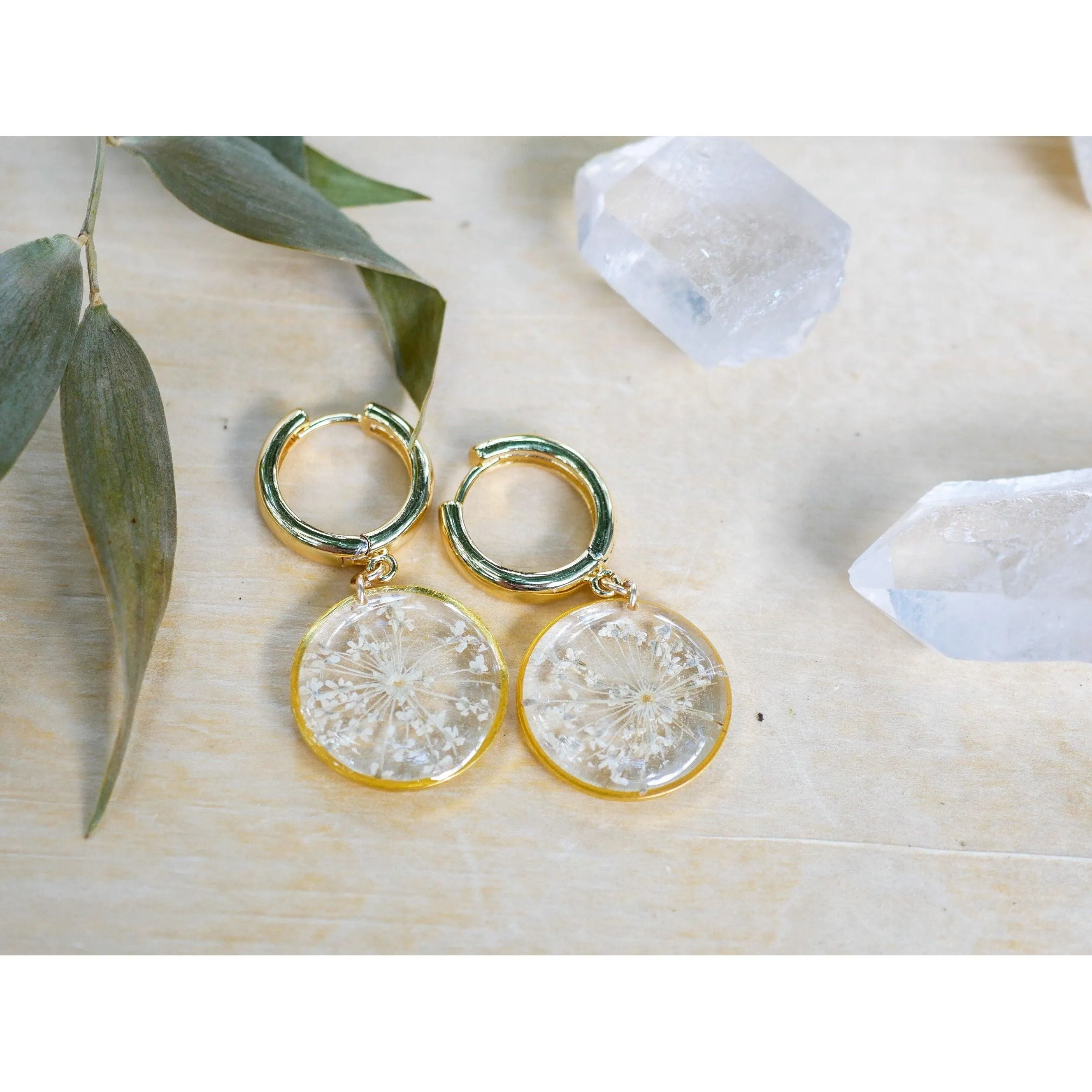 Pressed Queen Anne’s lace Flower CZ Huggies