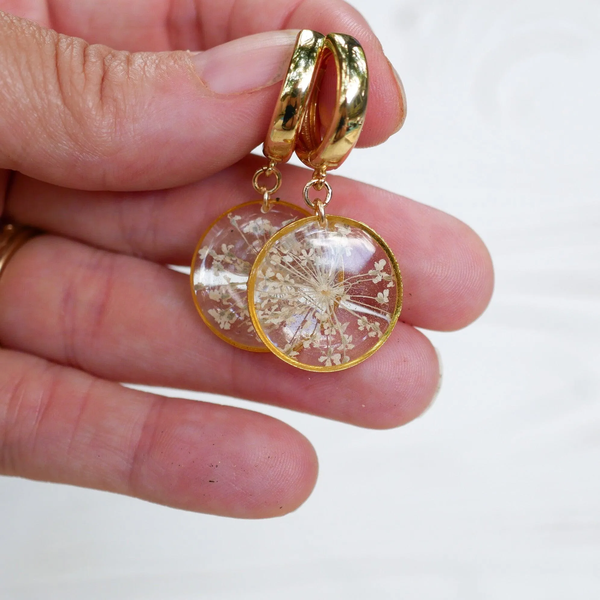Pressed Queen Anne’s lace Flower CZ Huggies
