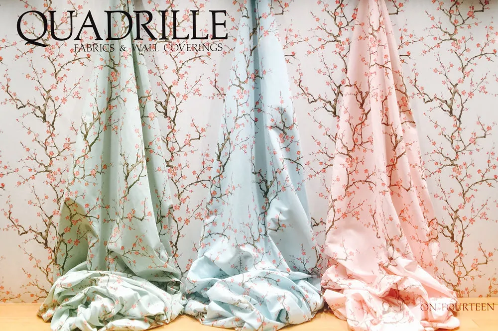 Quadrille Fabric: Cherry Branch - Custom Multi on Pale Blue Linen