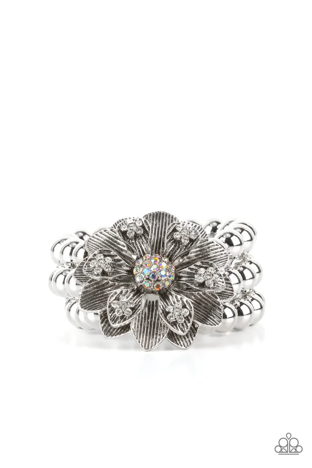 "Botanical Bravado" Silver Metal & Multi Iridescent Rhinestone Flower Stretch Bracelet