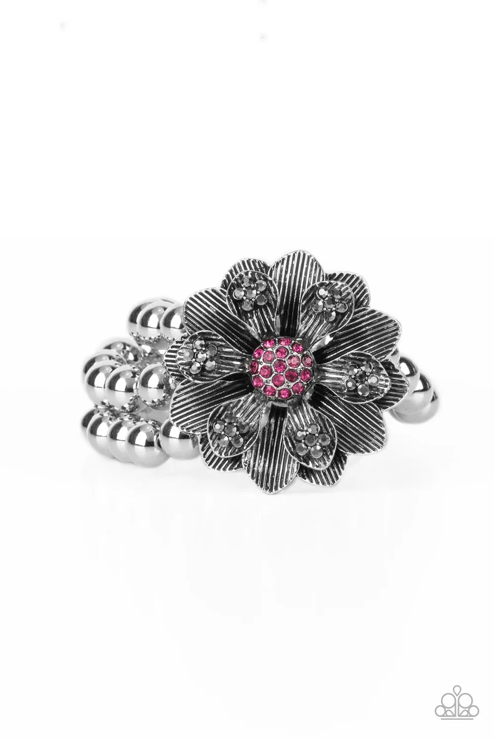 "Botanical Bravado" Silver Metal, Pink & Hematite Rhinestone Flower Stretch Bracelet