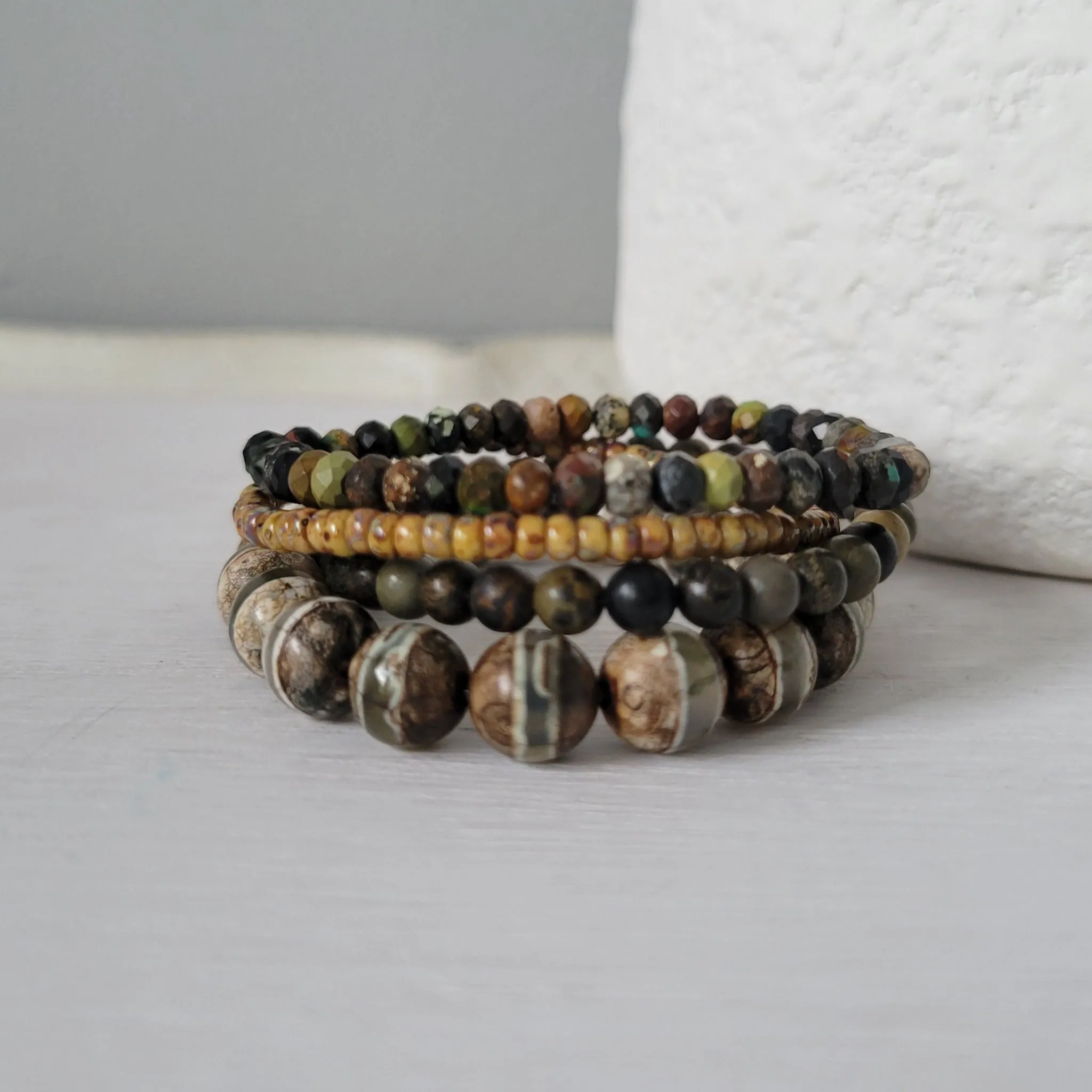 "Forest" Natural Stone Bead Bracelet - Set of 3 or Alone