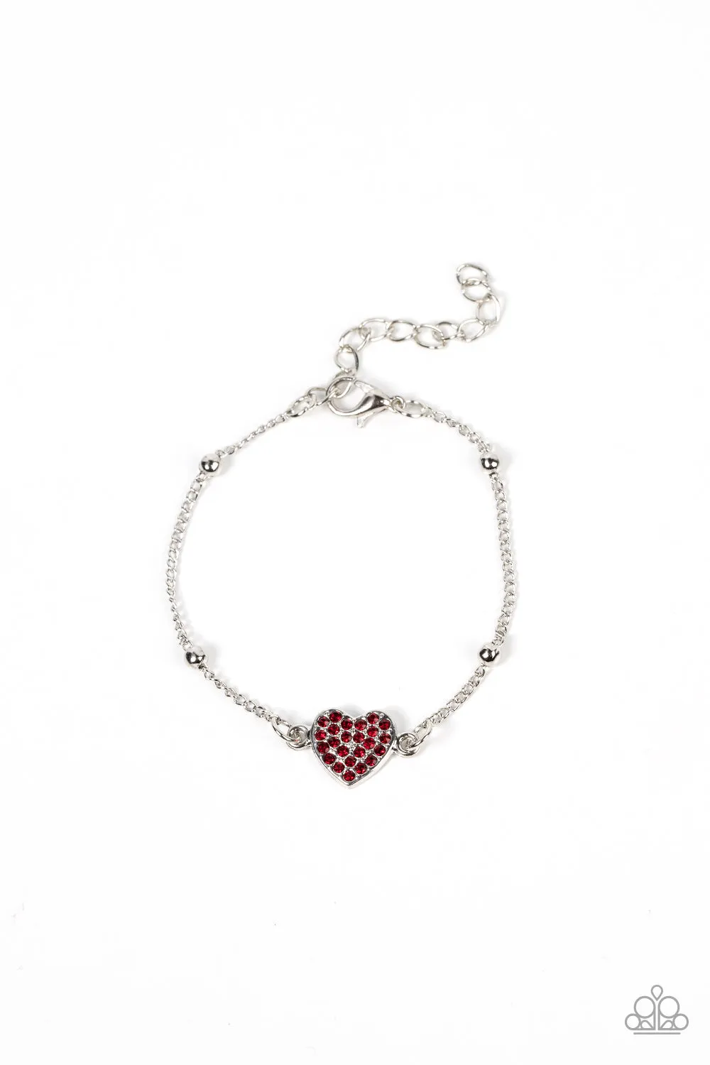 "Heartachingly Adorable" Silver Metal Red Rhinestone Dainty Heart Bracelet