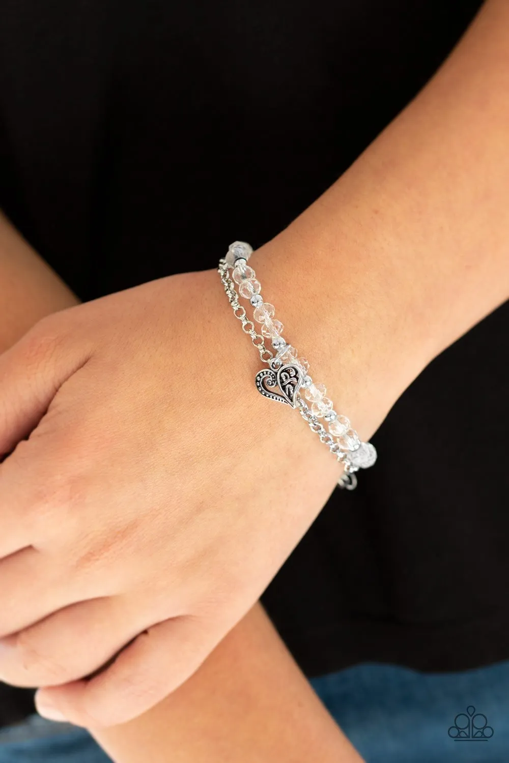 "Rare Romance" Silver Metal White Rhinestone Heart Charm Bracelet