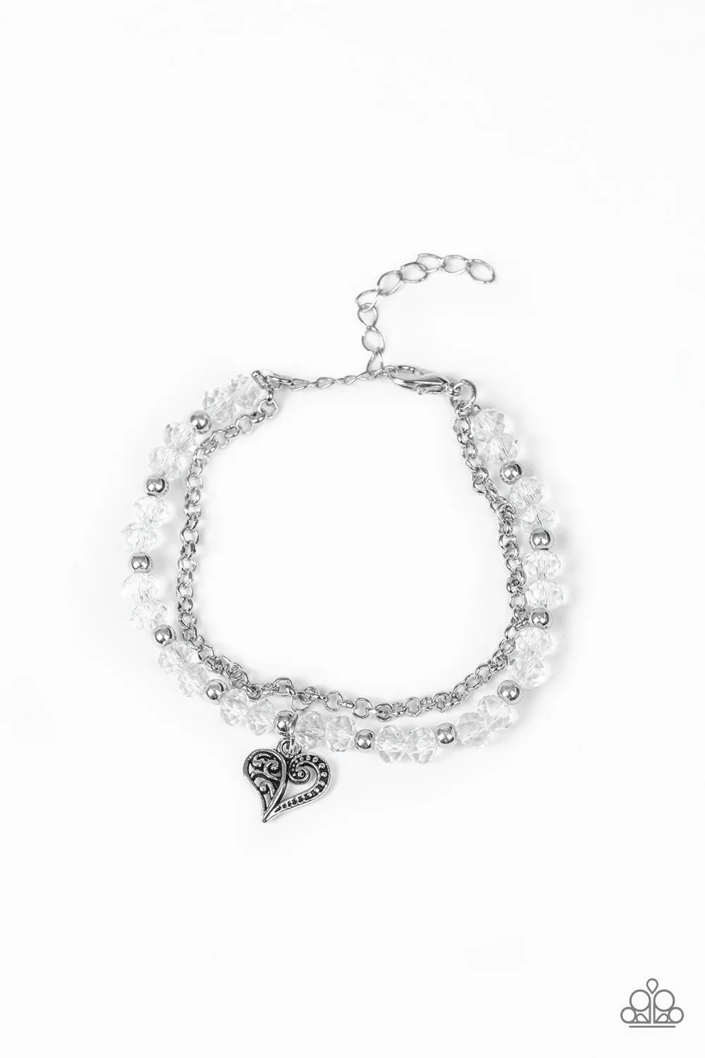 "Rare Romance" Silver Metal White Rhinestone Heart Charm Bracelet