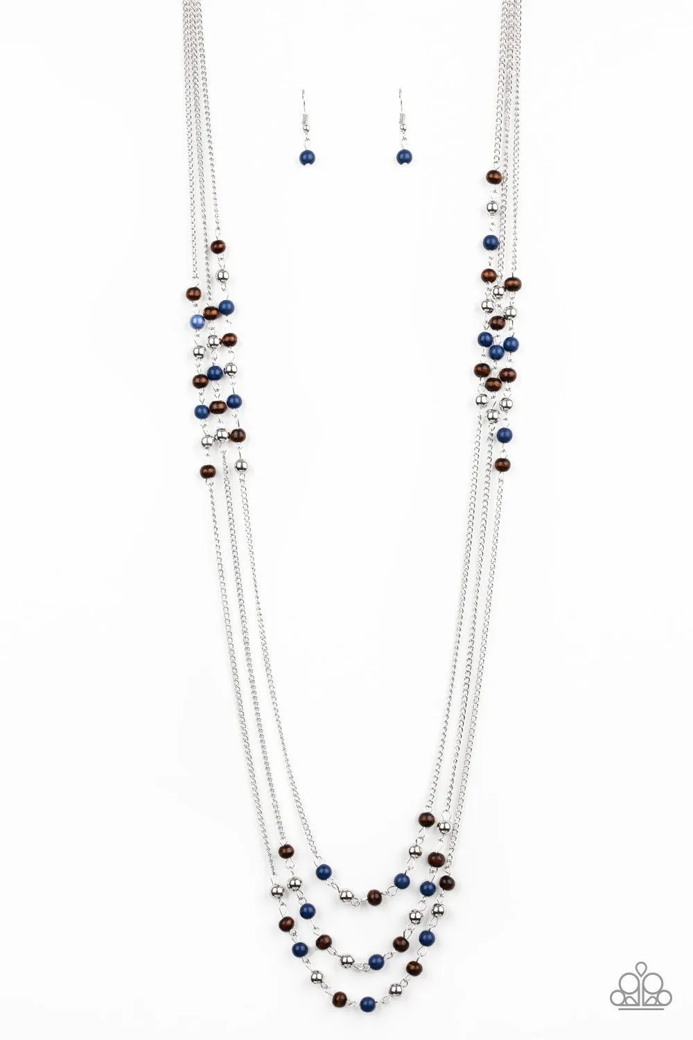 "Seasonal Sensation" Silver Metal Blue & Wooden Beaded Layered Necklace Set