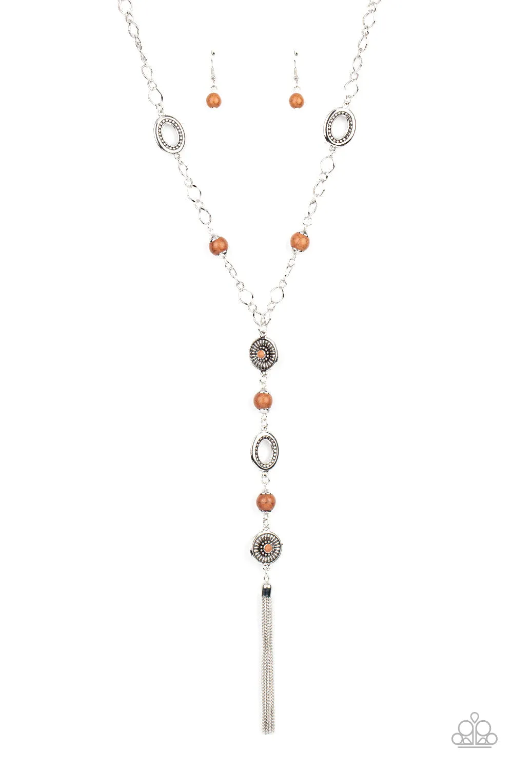 "The Natural Order" Silver Metal & Brown Beaded Accents "Y" Necklace Set