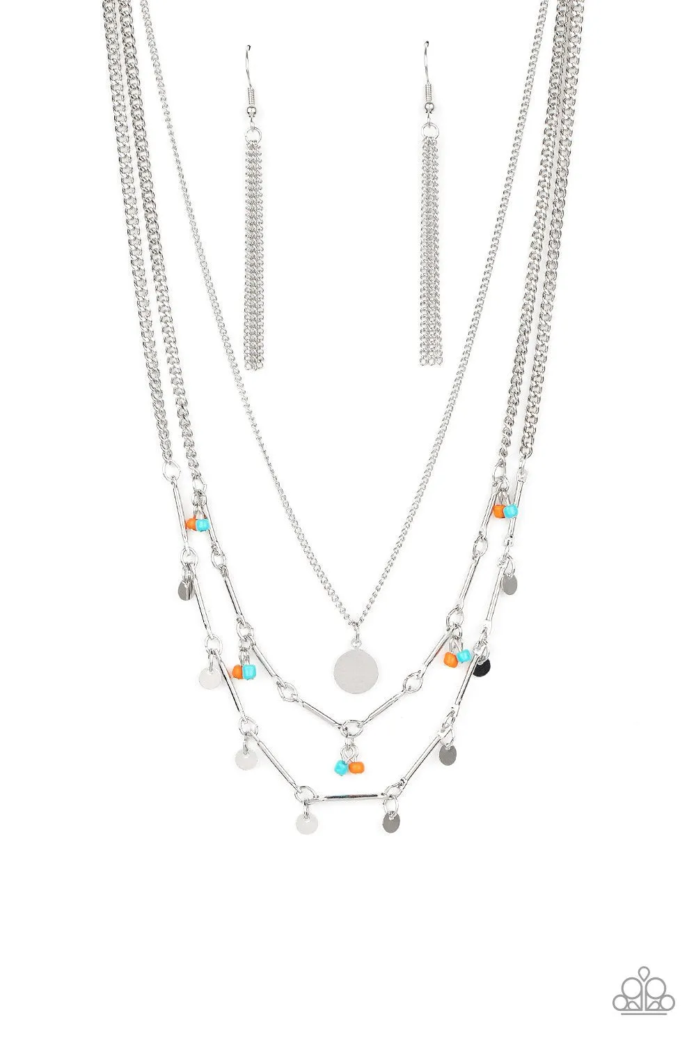 "Wandering Wonder" Silver Metal Orange/Blue Beaded Layered Necklace Set