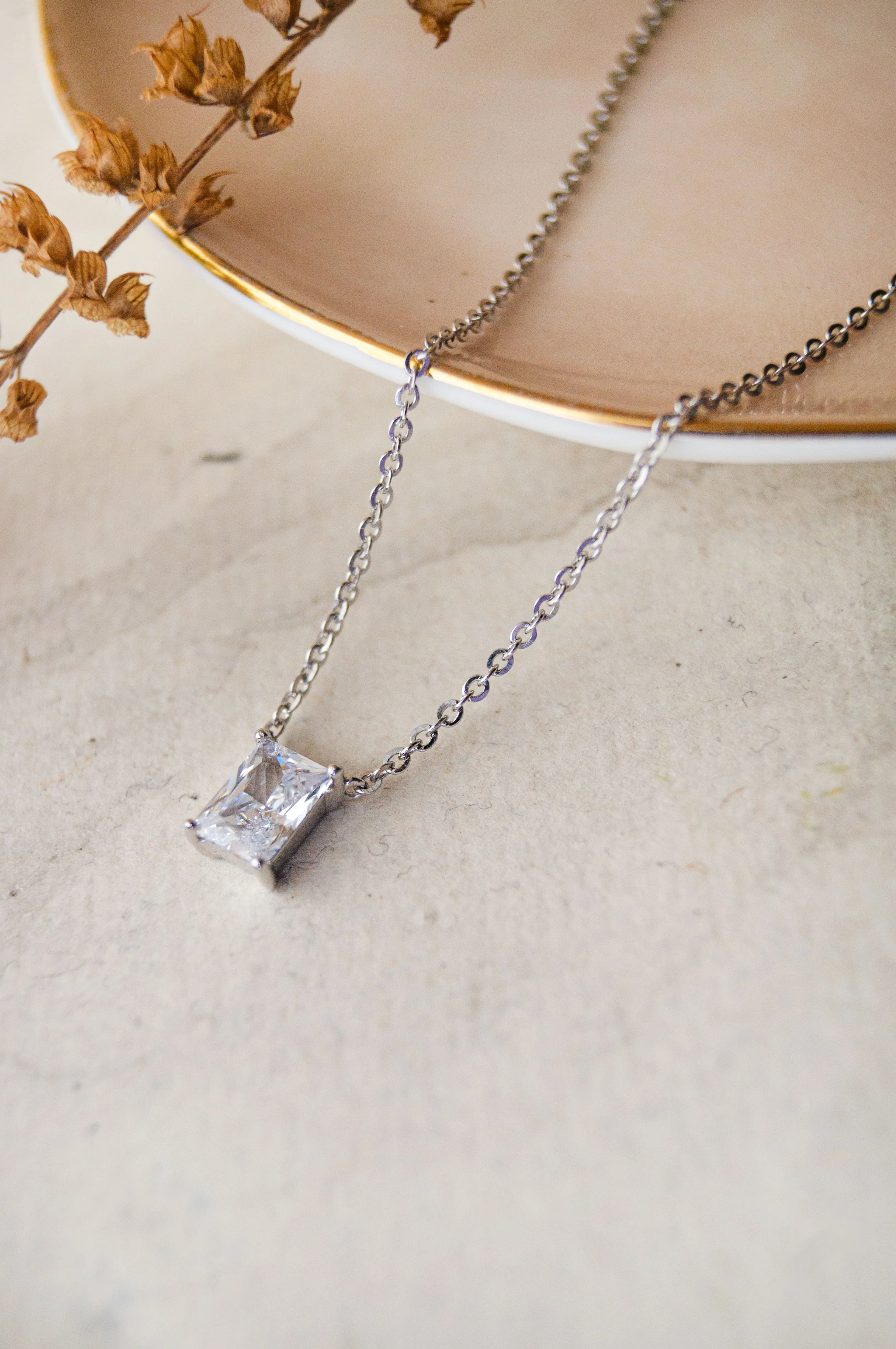 Rectangle Solitaire Sterling Silver Chain Necklace