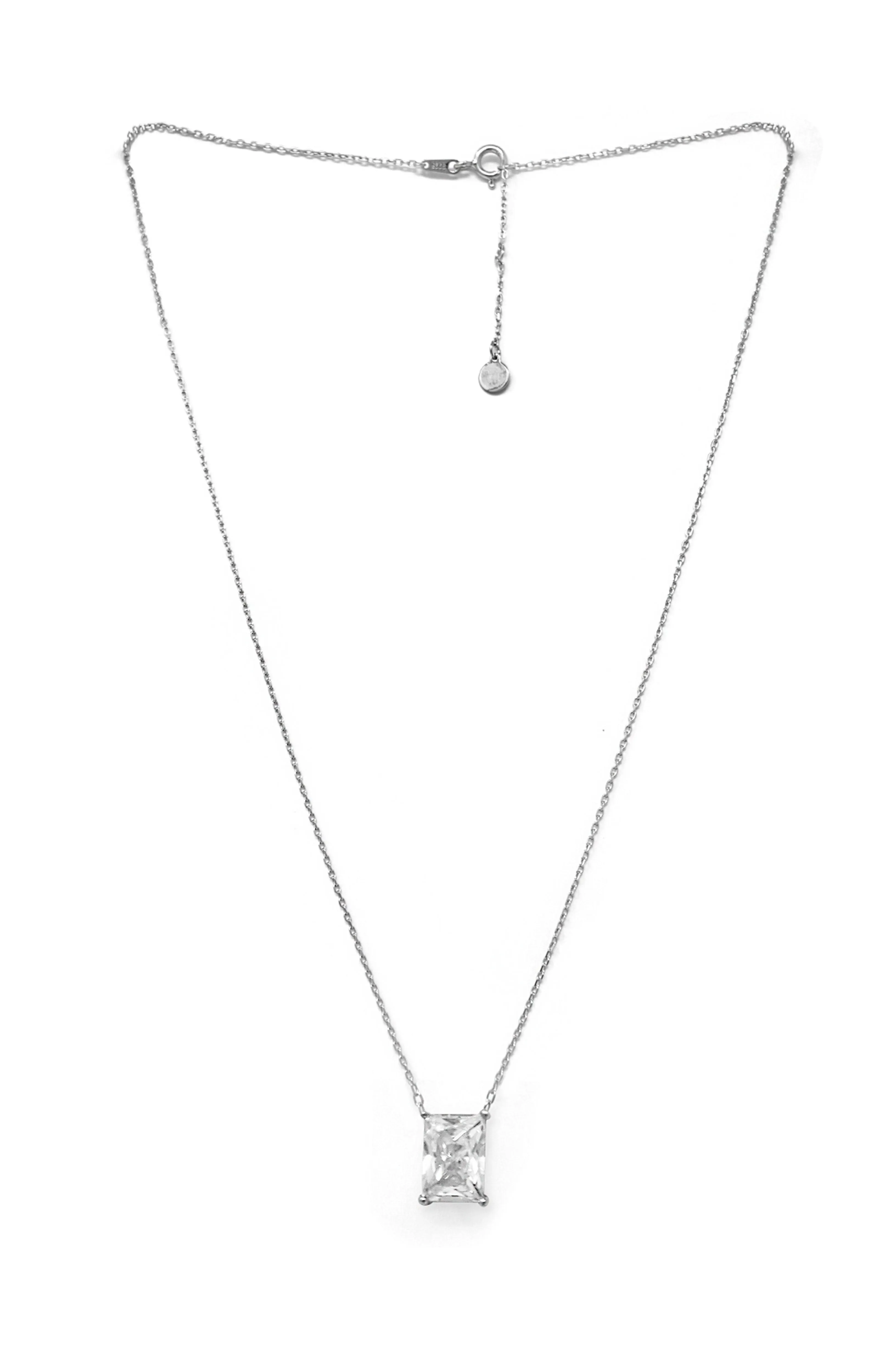 Rectangle Solitaire Sterling Silver Chain Necklace