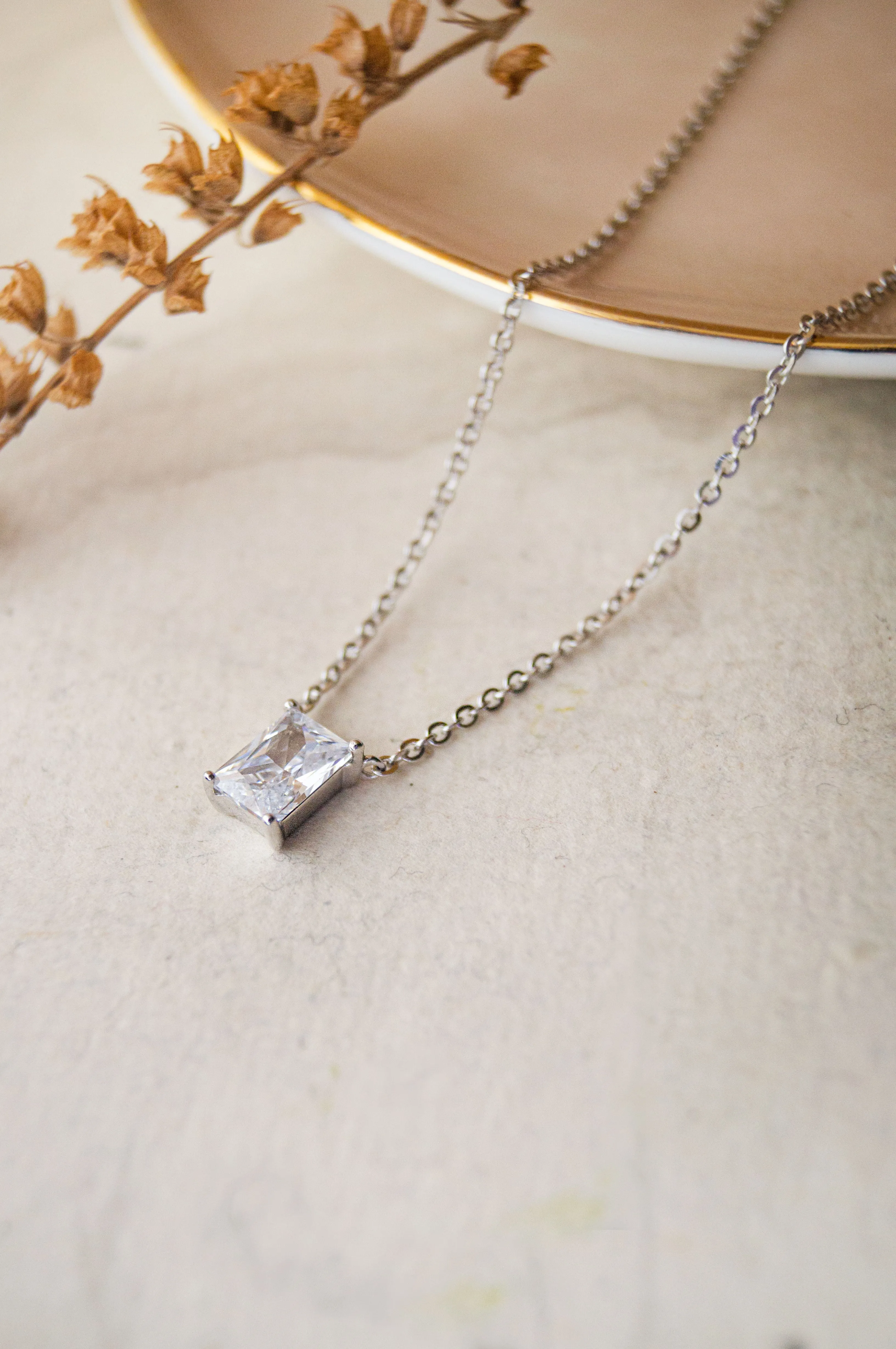 Rectangle Solitaire Sterling Silver Chain Necklace