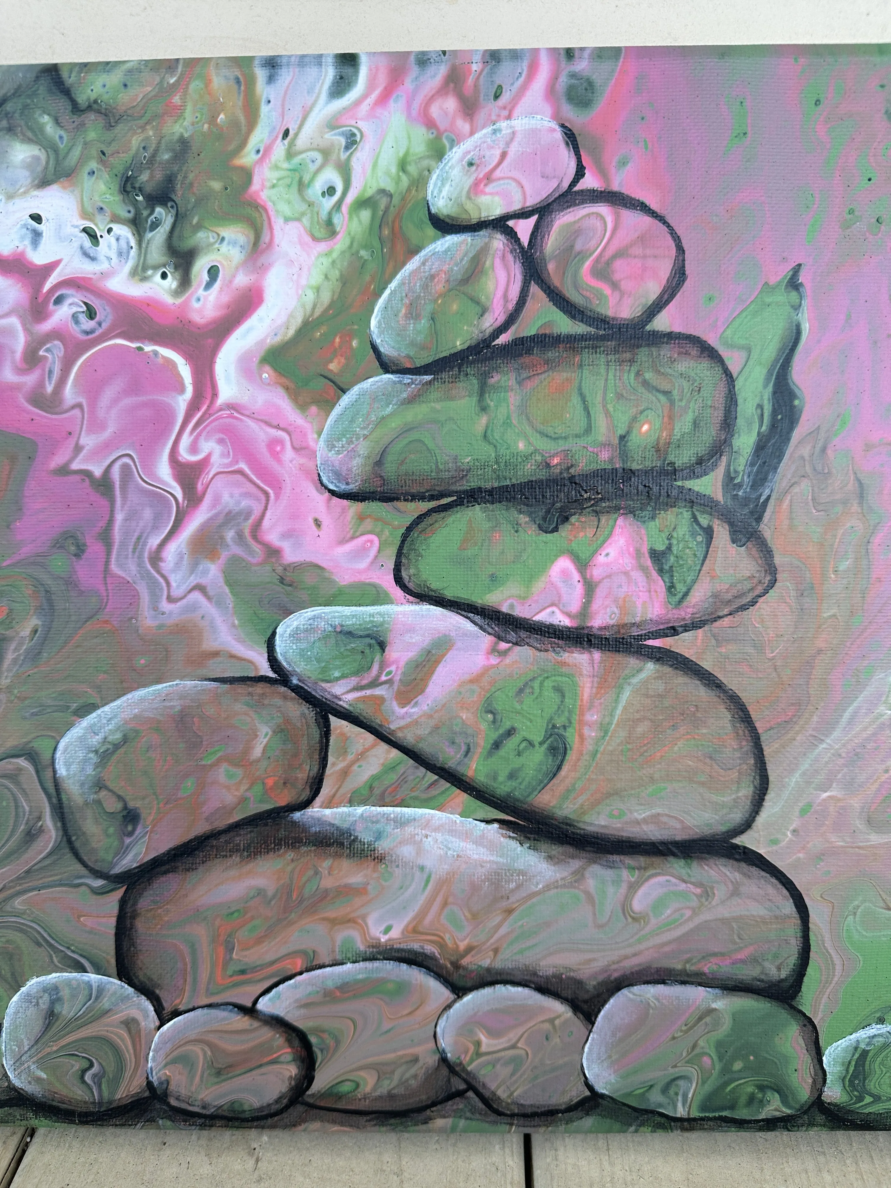 Rock Cairn on a paint pour, 11x14 gallery wrapped canvas, FREE SHIPPING