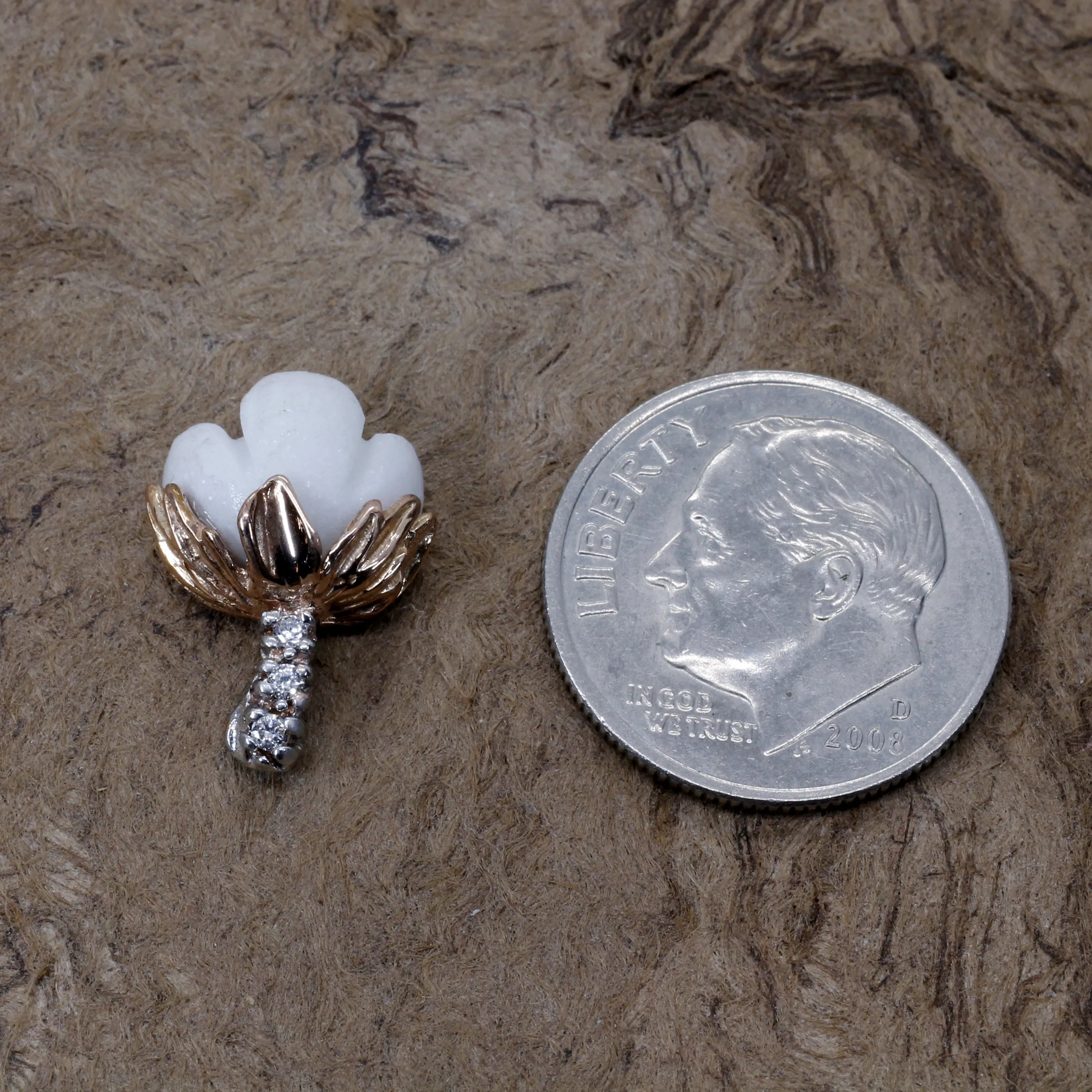 Rose Gold Cotton Cotton Boll Tie Tack with a Diamond Stem