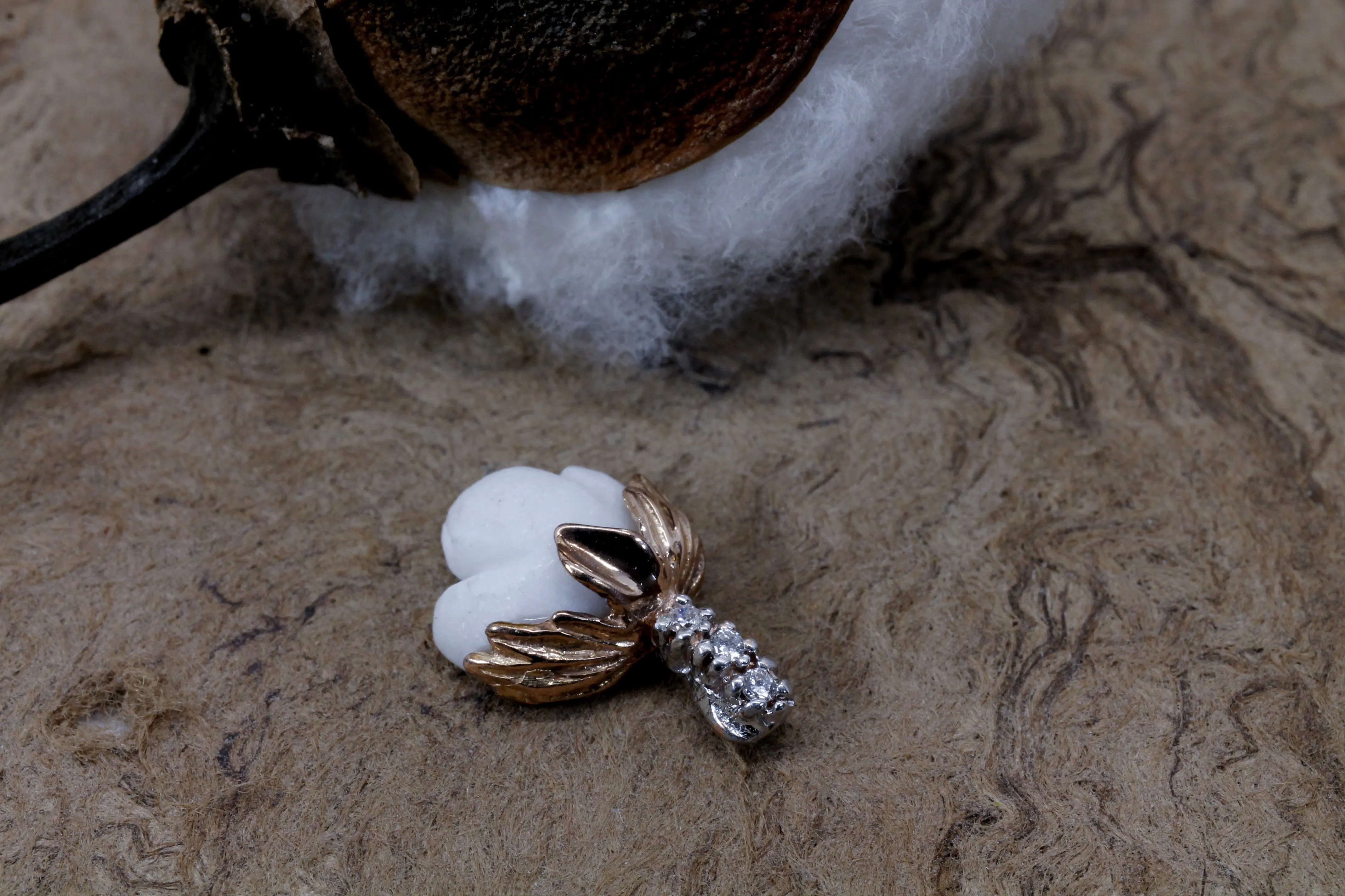 Rose Gold Cotton Cotton Boll Tie Tack with a Diamond Stem