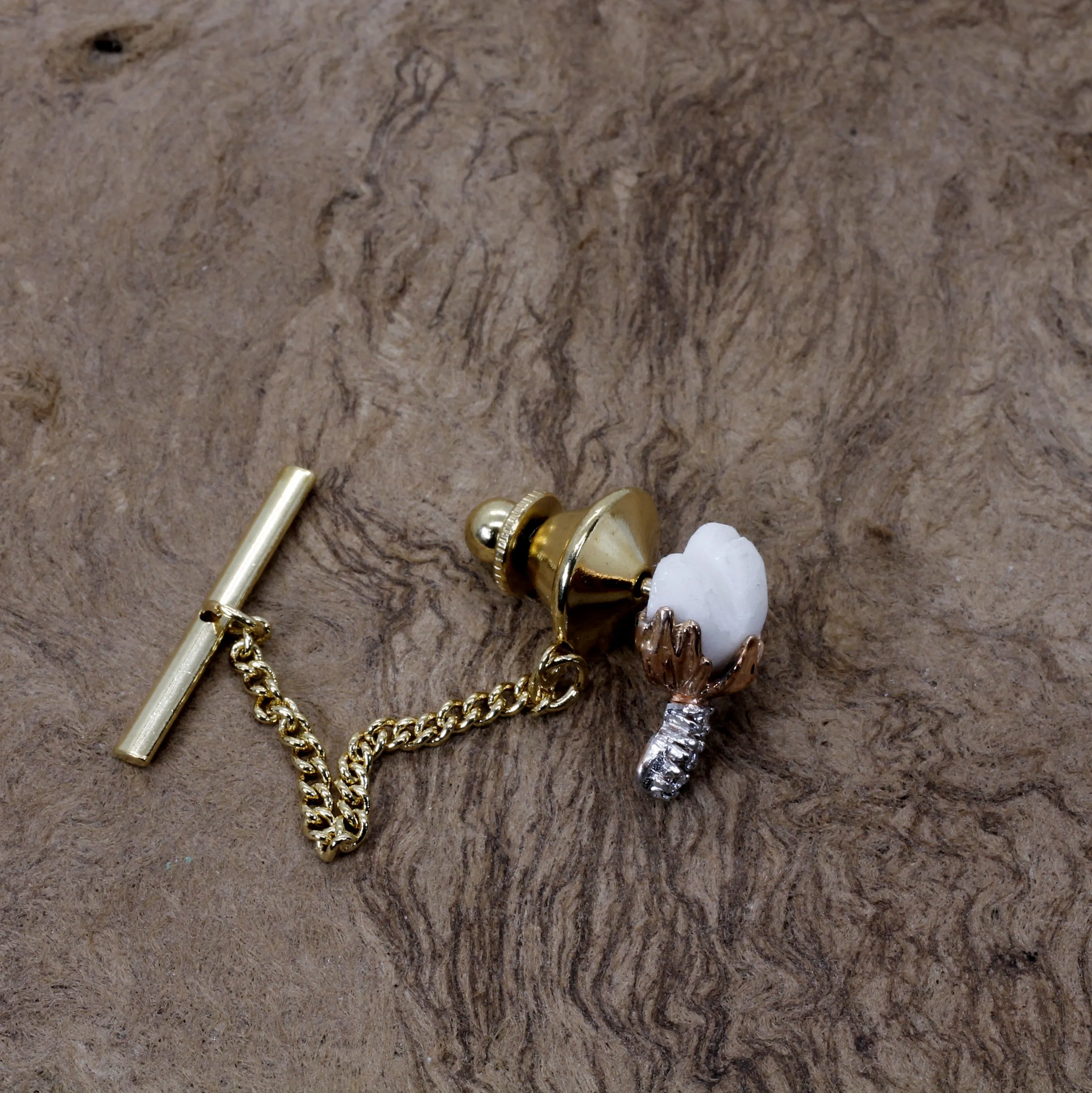 Rose Gold Cotton Cotton Boll Tie Tack with a Diamond Stem
