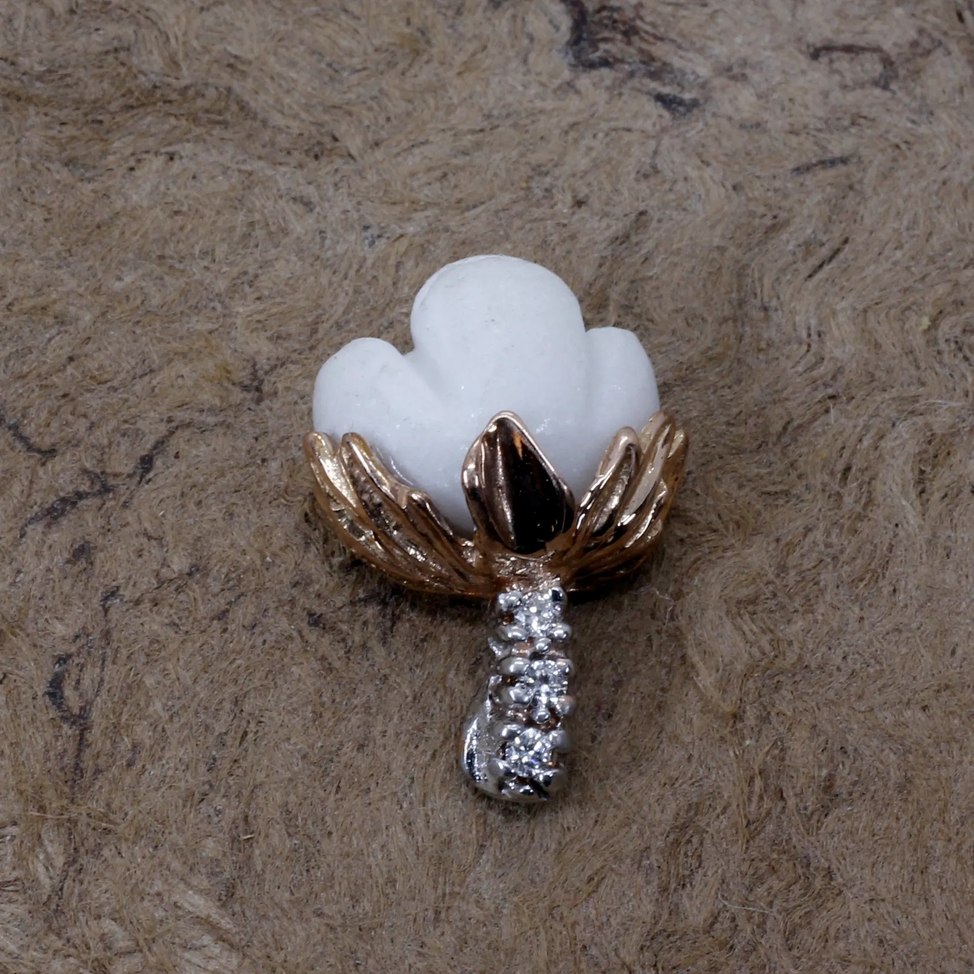 Rose Gold Cotton Cotton Boll Tie Tack with a Diamond Stem