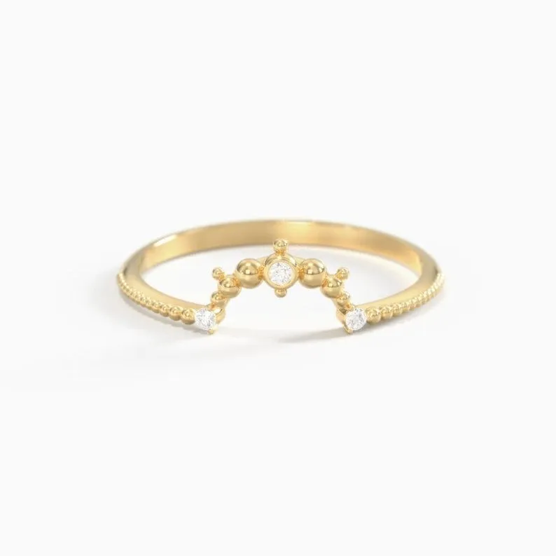 Round Cut moissanite gold ring, deep curved beaded band, half eternity band, Unique Engagement Ring, vintage ring gift for women, jewelry