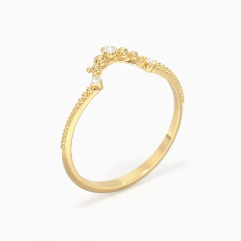 Round Cut moissanite gold ring, deep curved beaded band, half eternity band, Unique Engagement Ring, vintage ring gift for women, jewelry