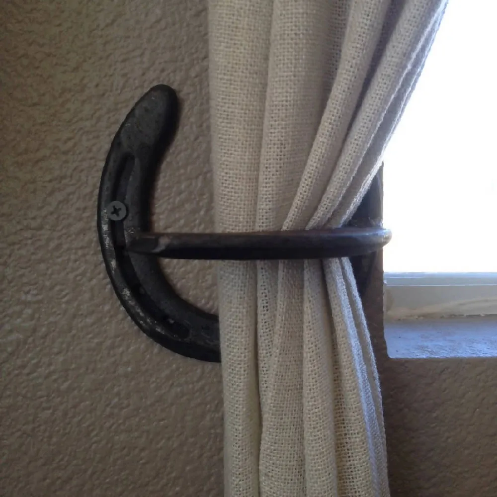 Rustic Horseshoe Curtain Rod Holder and Curtain Tie Back Set - The Heritage Forge