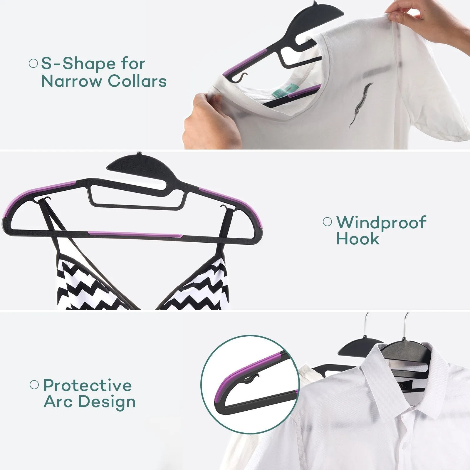 Sable 60 Pack Plastic Clothes Hangers Space Saving Ultra Thin with 10 Finger Clips, Non Slip, Heavy Duty, S-Shape for Tight Collars, 6 Colors for Shorts, Pants, Shirts, Scarves