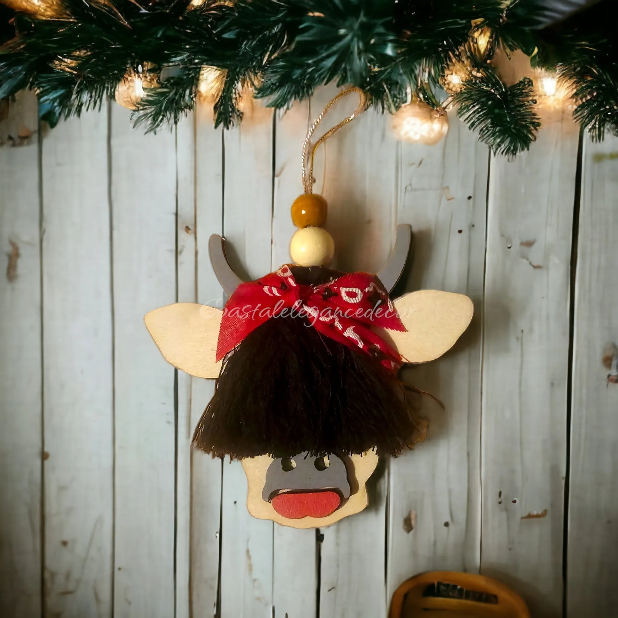 Scottish Girl Cow Barnyard Animal with Hair Bandana and  Lipstick Wooden Ornaments