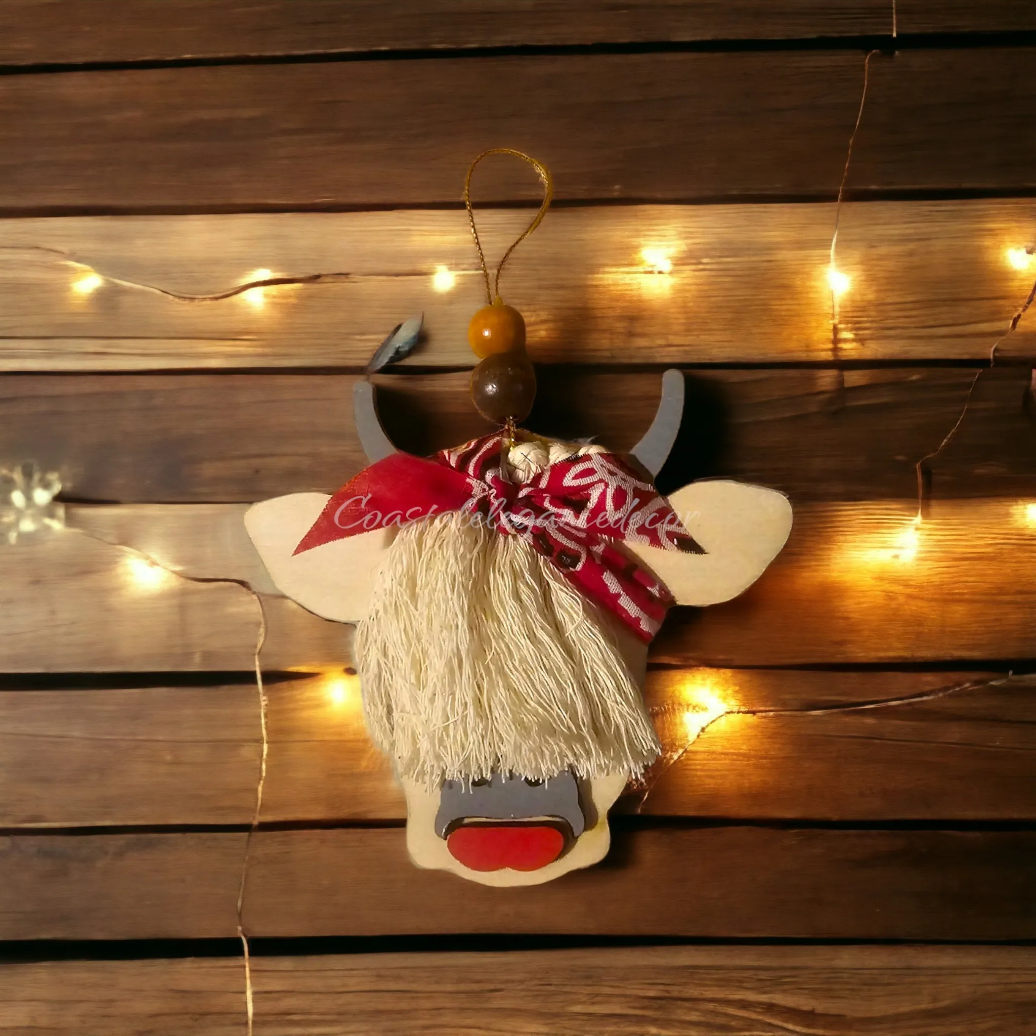 Scottish Girl Cow Barnyard Animal with Hair Bandana and  Lipstick Wooden Ornaments