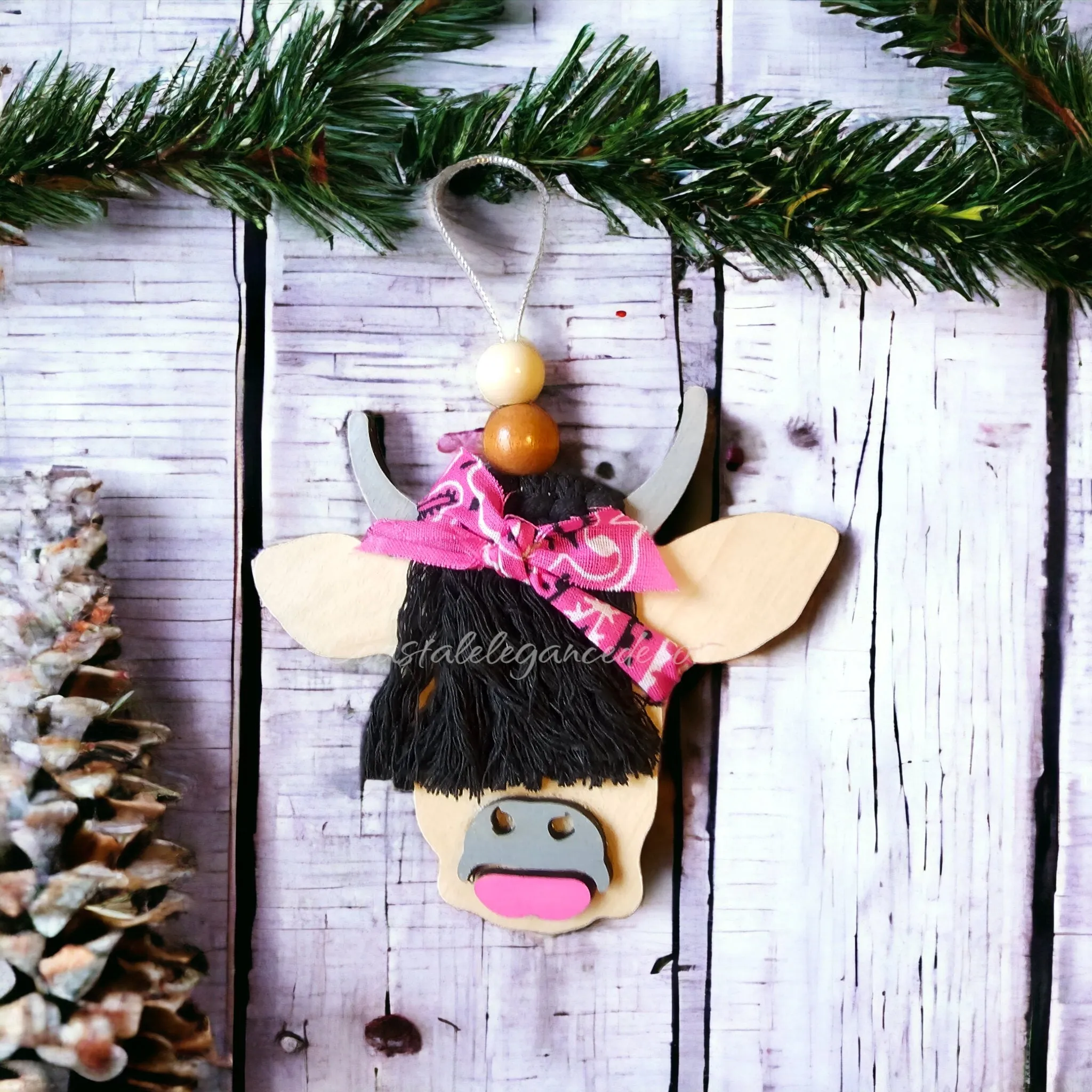 Scottish Girl Cow Barnyard Animal with Hair Bandana and  Lipstick Wooden Ornaments