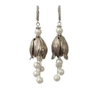 Silver Tulip Earrings with White Pearl Bead  and Cubic Zirconia Hooks.