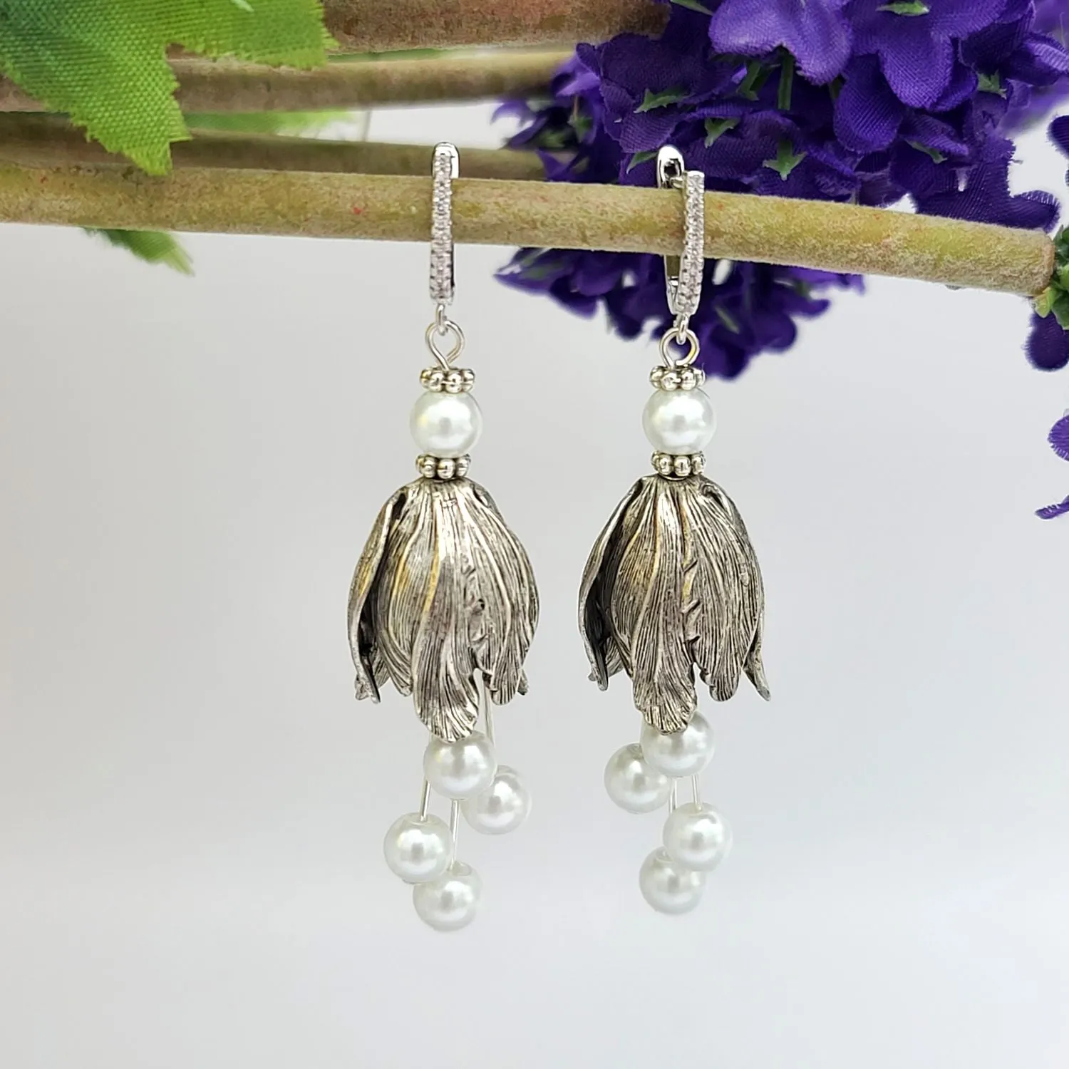 Silver Tulip Earrings with White Pearl Bead  and Cubic Zirconia Hooks.