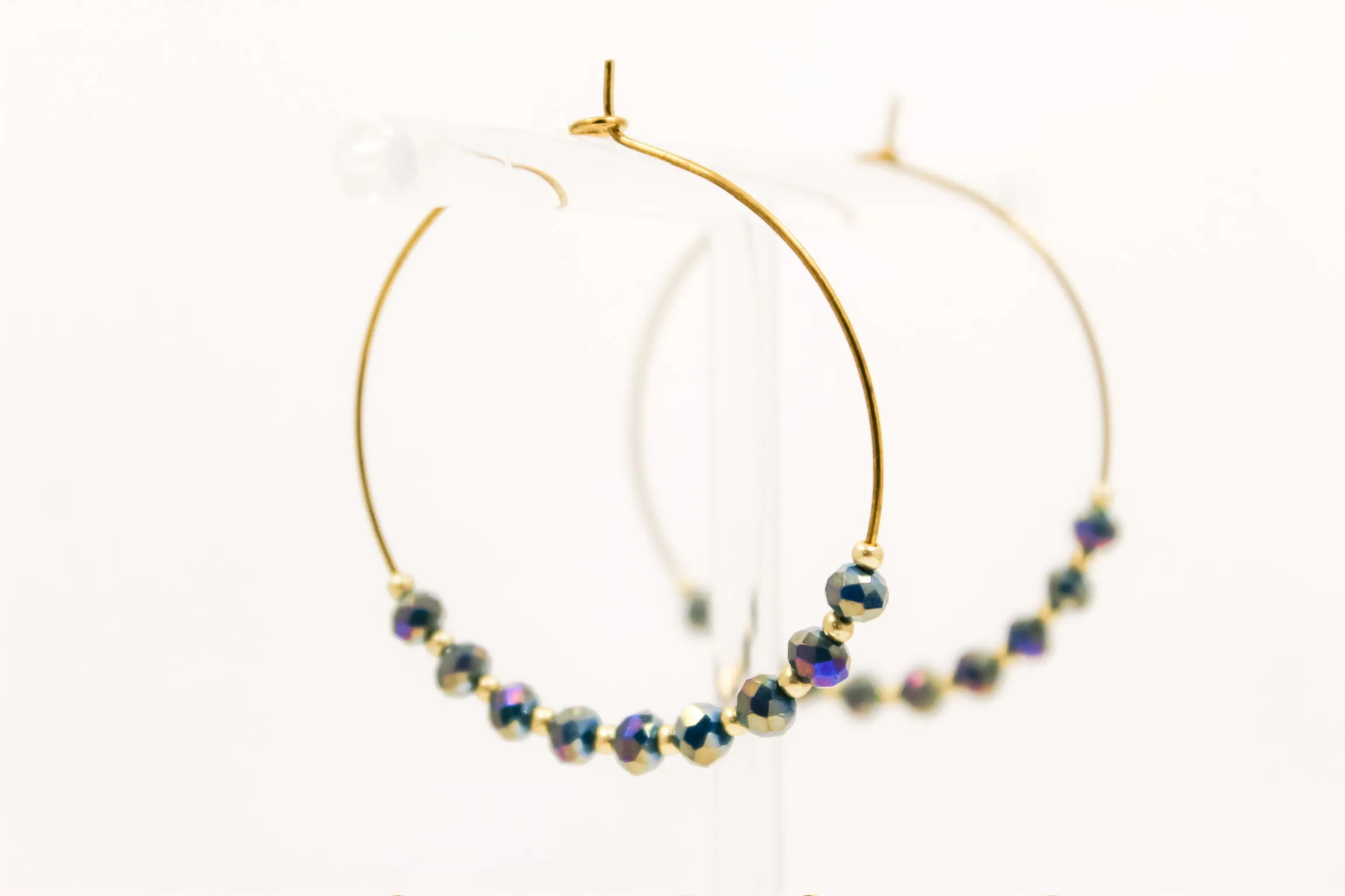Simple Beaded Hoops in Gold and Iridescent Steel Blue