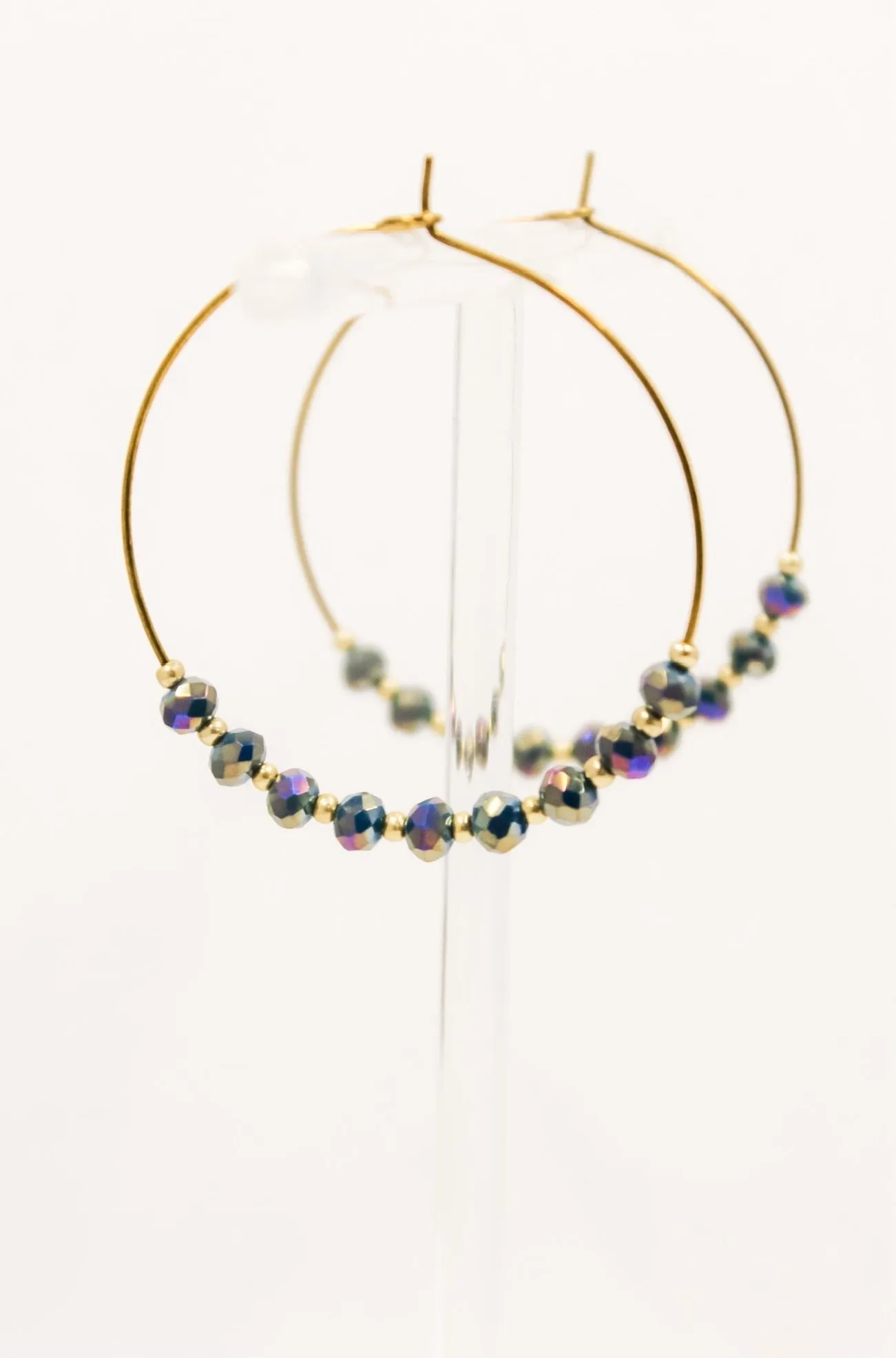 Simple Beaded Hoops in Gold and Iridescent Steel Blue