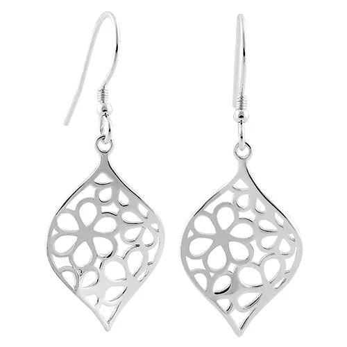 Sterling Silver Flower Leaf Dangle Hook Earrings