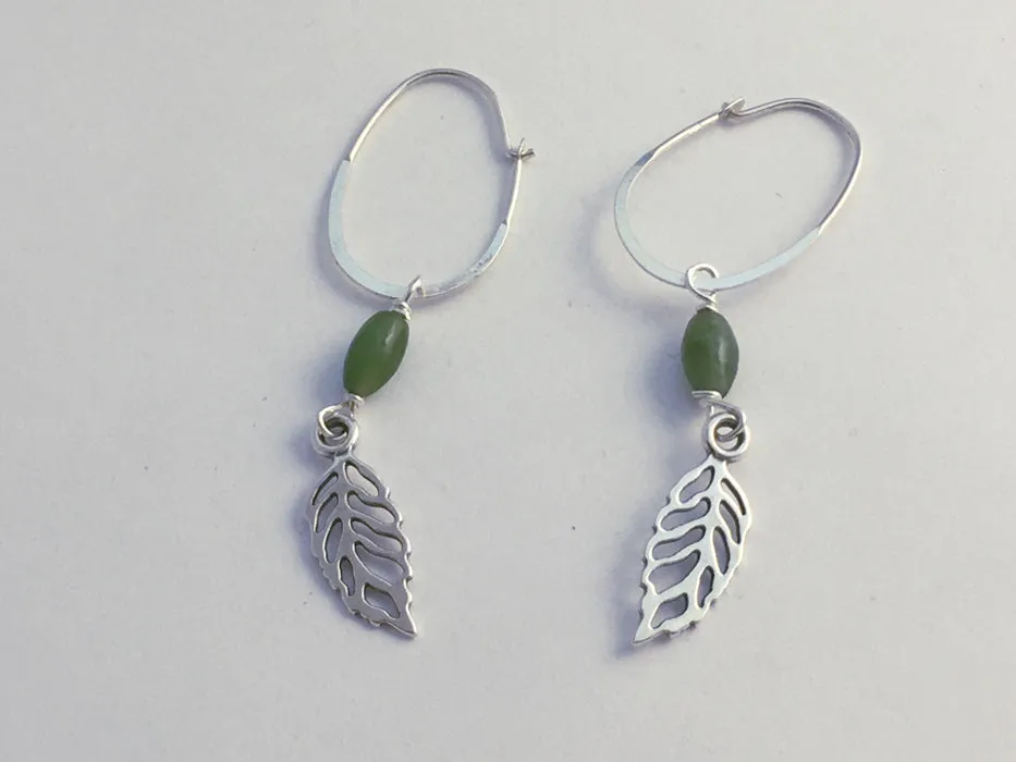 Sterling Silver long hoop open leaf dangle earrings- tree, nature , leaves, jade
