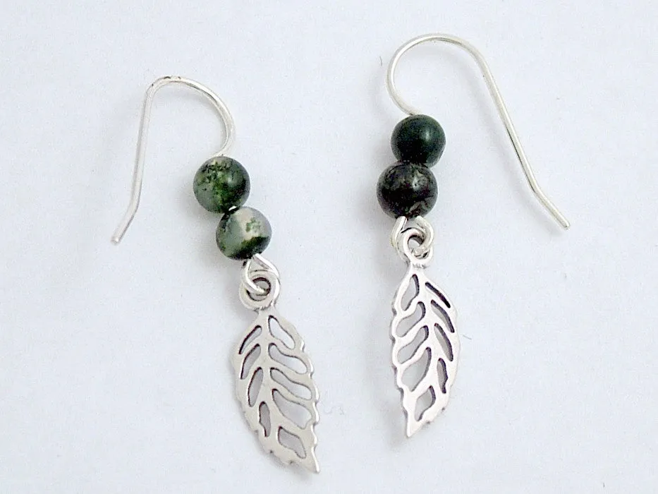 Sterling Silver open leaf dangle earrings- tree, nature , leaves, moss agate,