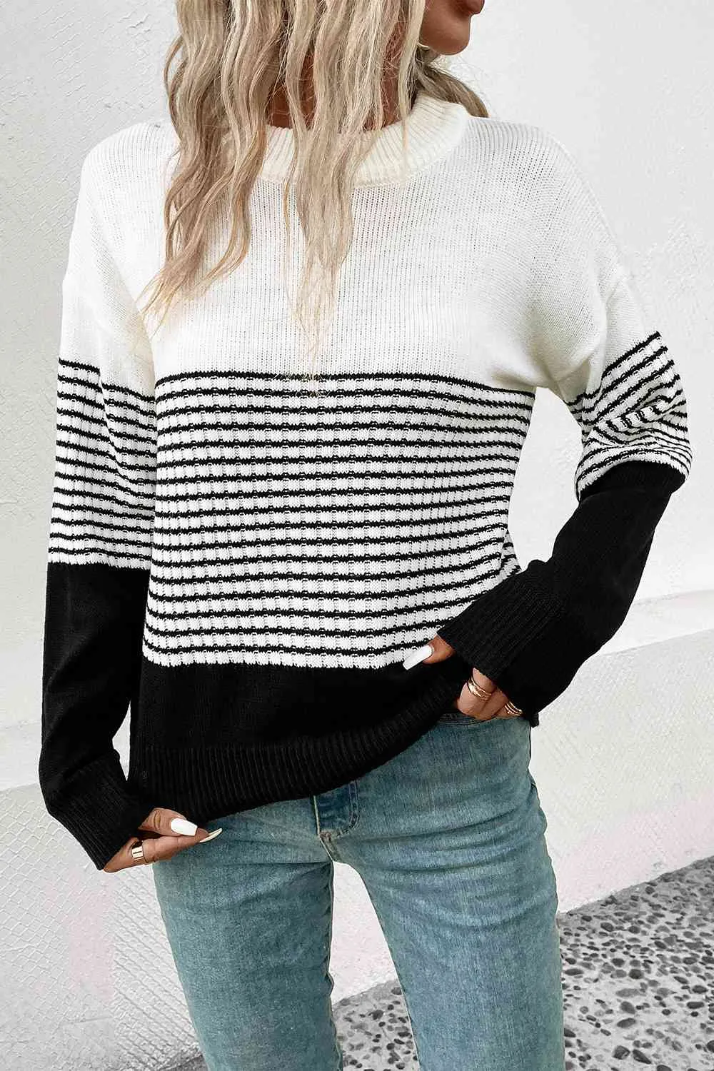 Striped Color Block Drop Shoulder Sweater