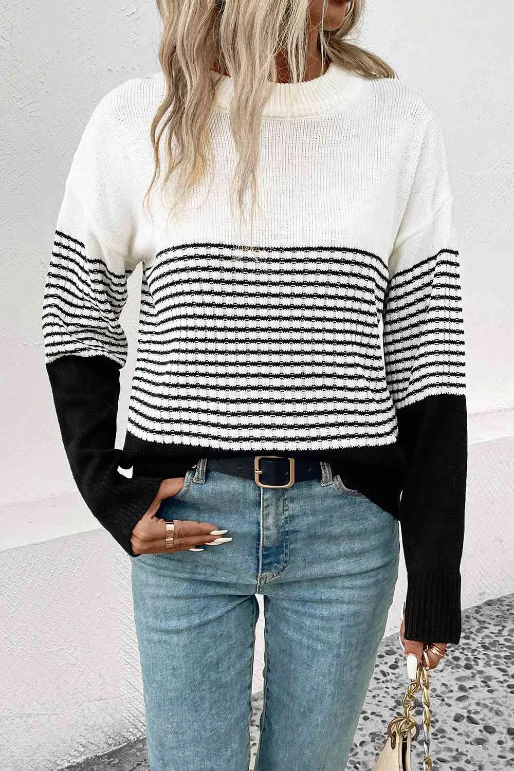 Striped Color Block Drop Shoulder Sweater