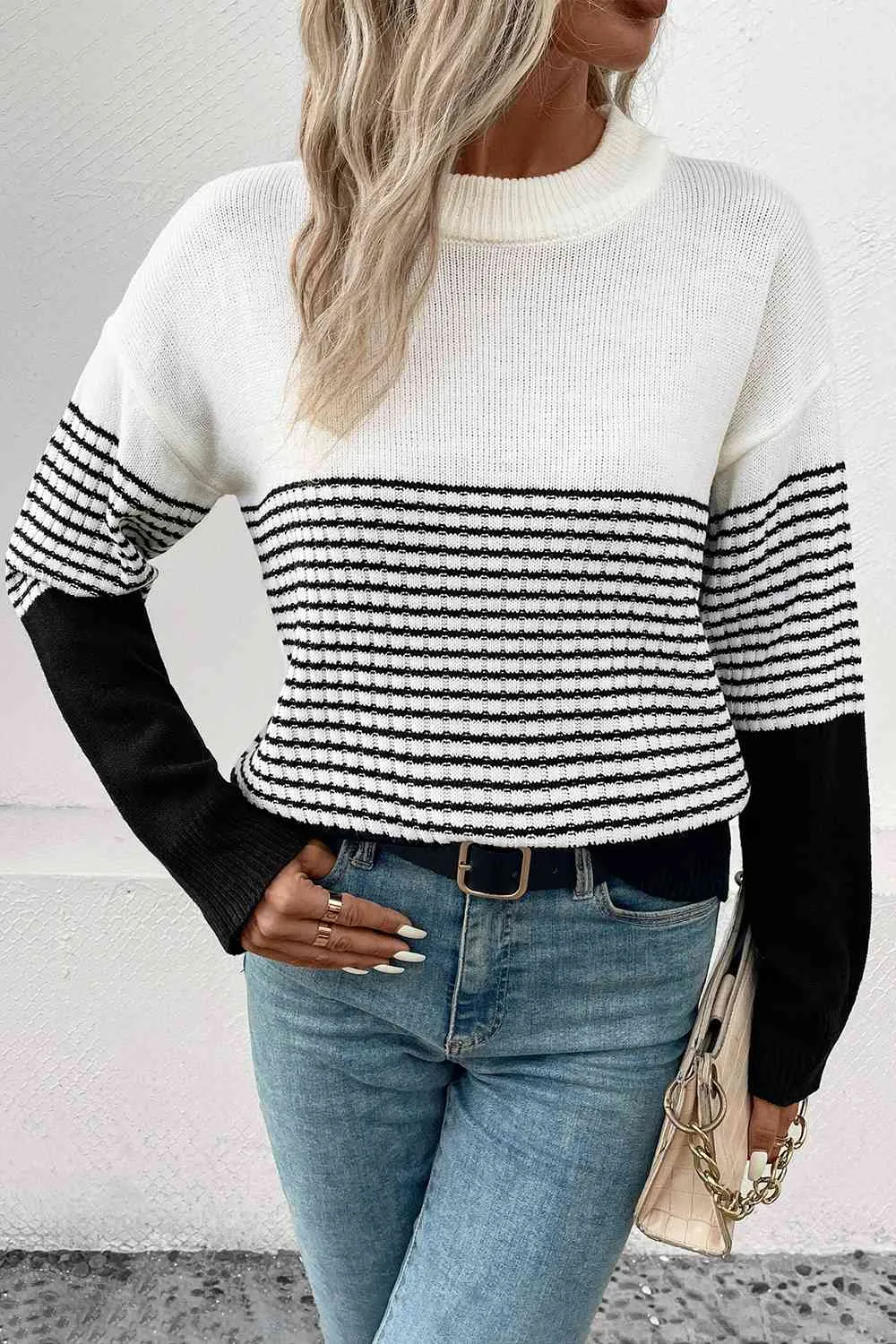 Striped Color Block Drop Shoulder Sweater
