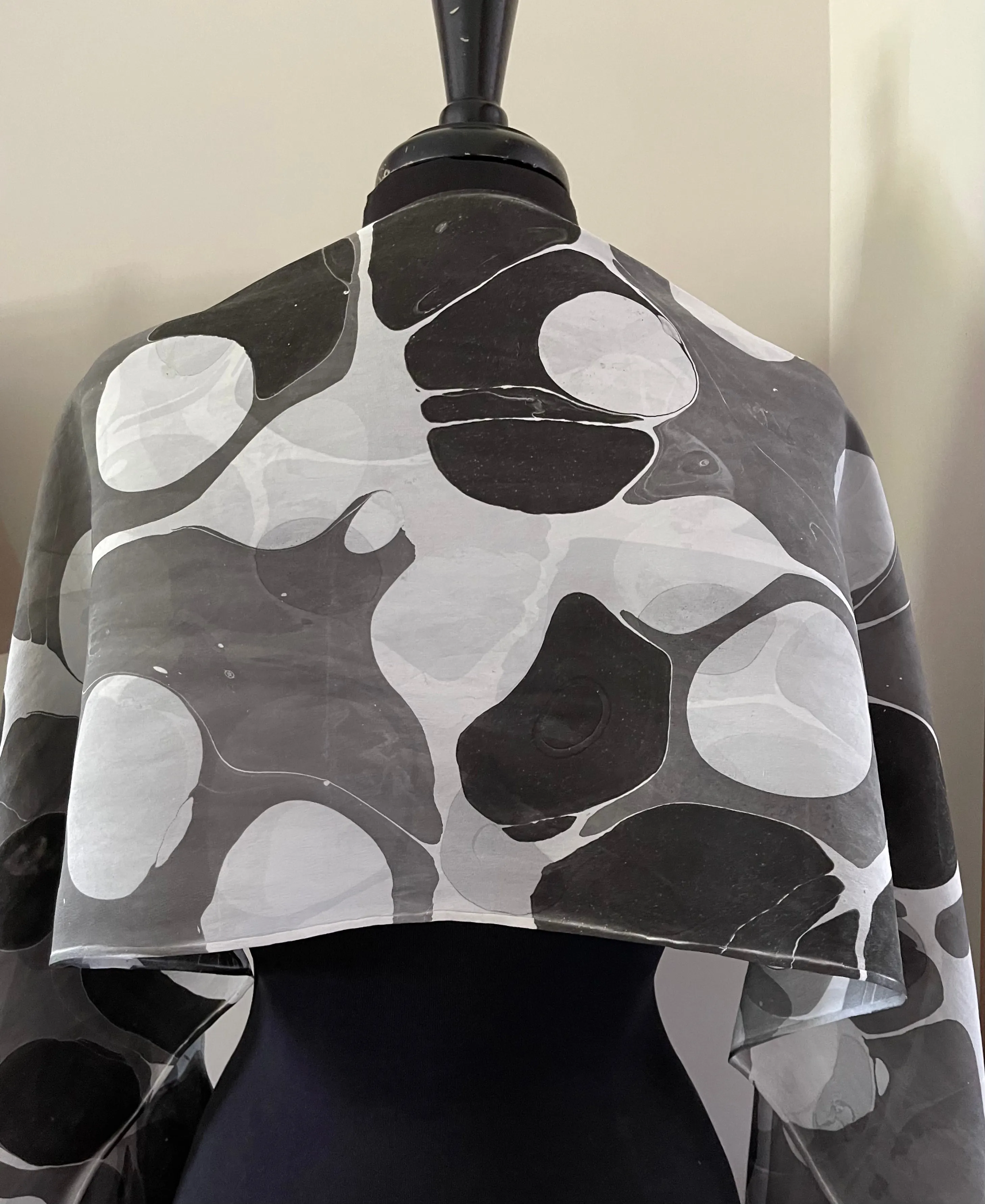 Twice marbled black & white stone.  Charmeuse  Silk 72x14” bold fun. This beautiful silk makes a unique dresser cover and scarf