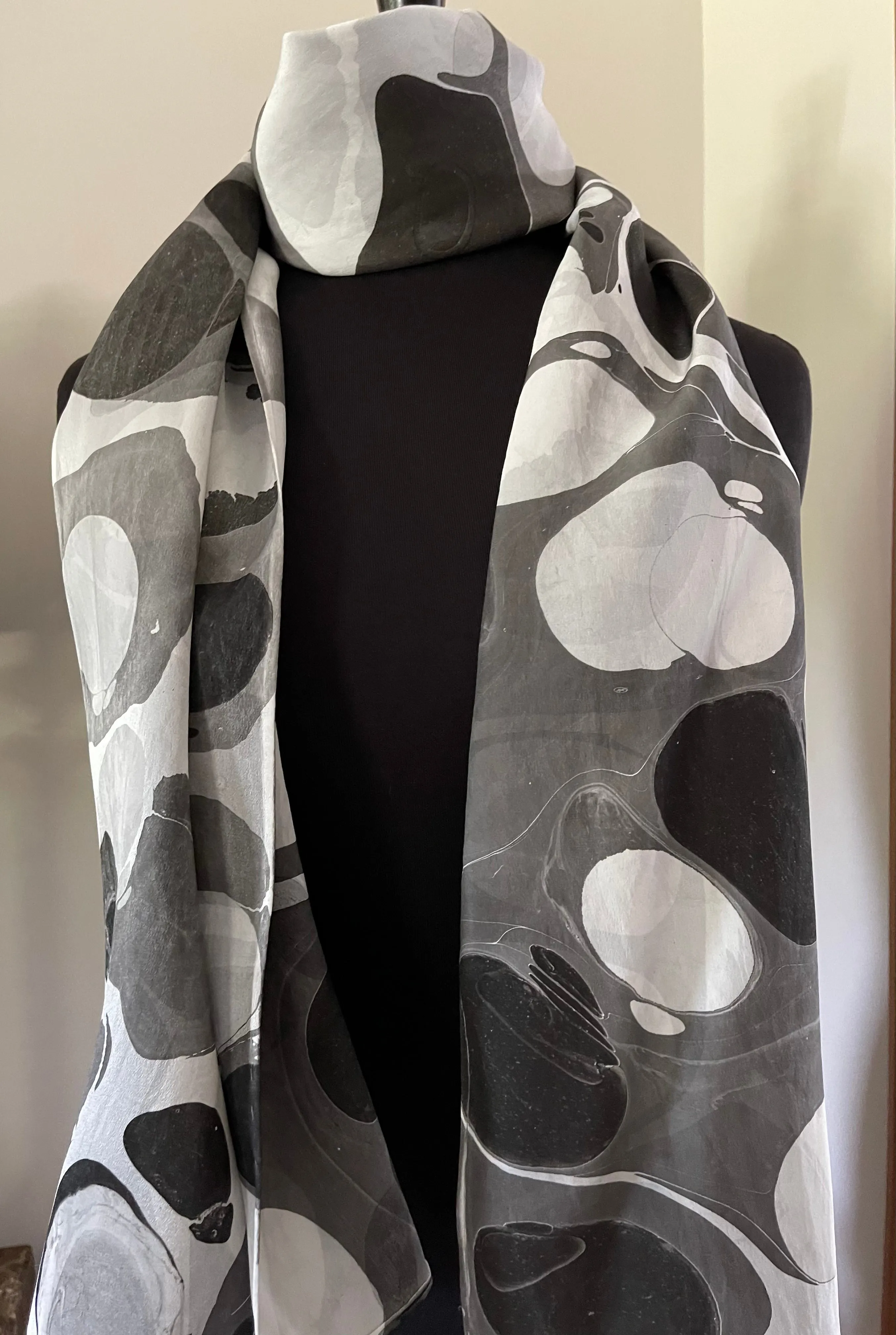 Twice marbled black & white stone.  Charmeuse  Silk 72x14” bold fun. This beautiful silk makes a unique dresser cover and scarf