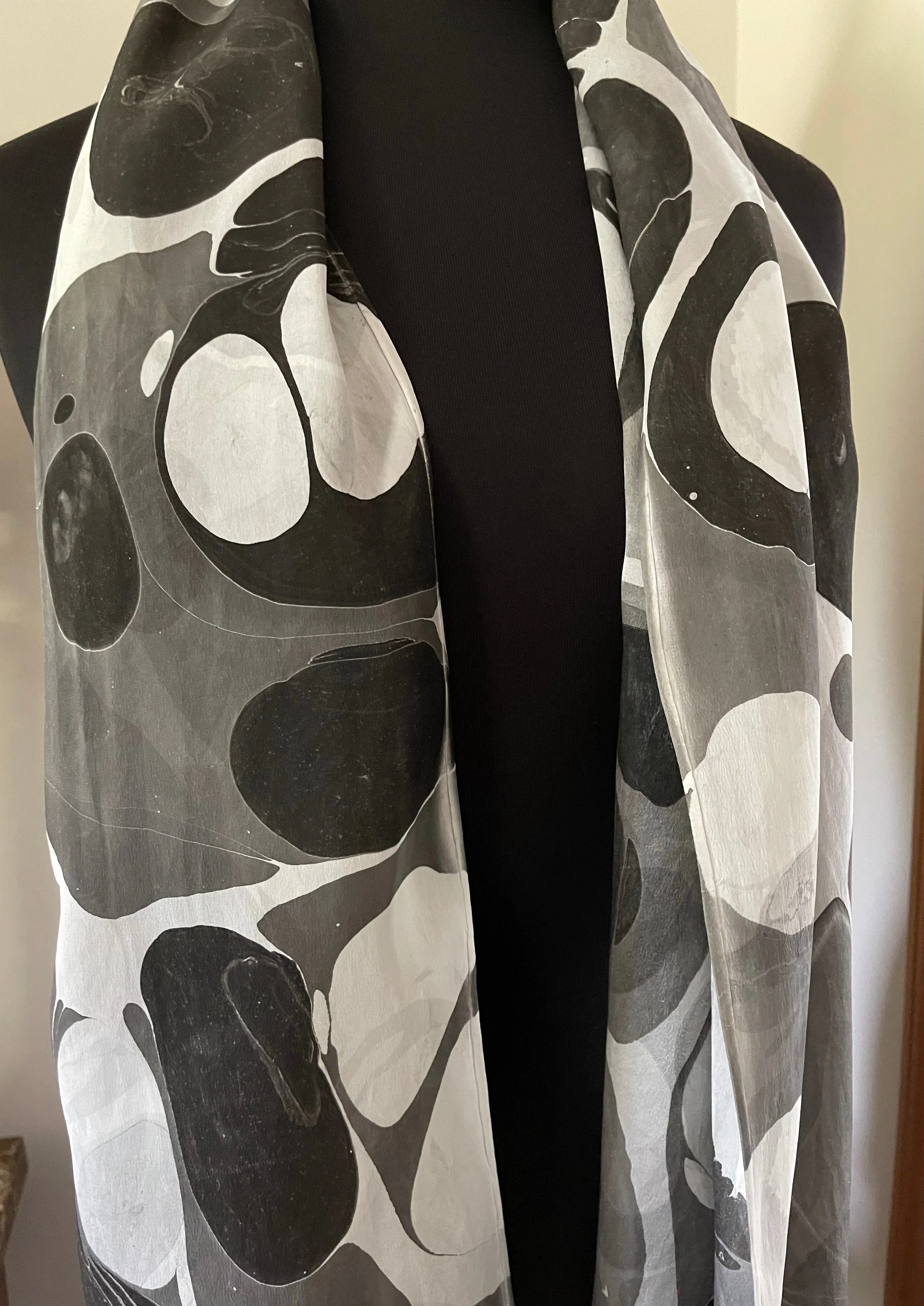 Twice marbled black & white stone.  Charmeuse  Silk 72x14” bold fun. This beautiful silk makes a unique dresser cover and scarf