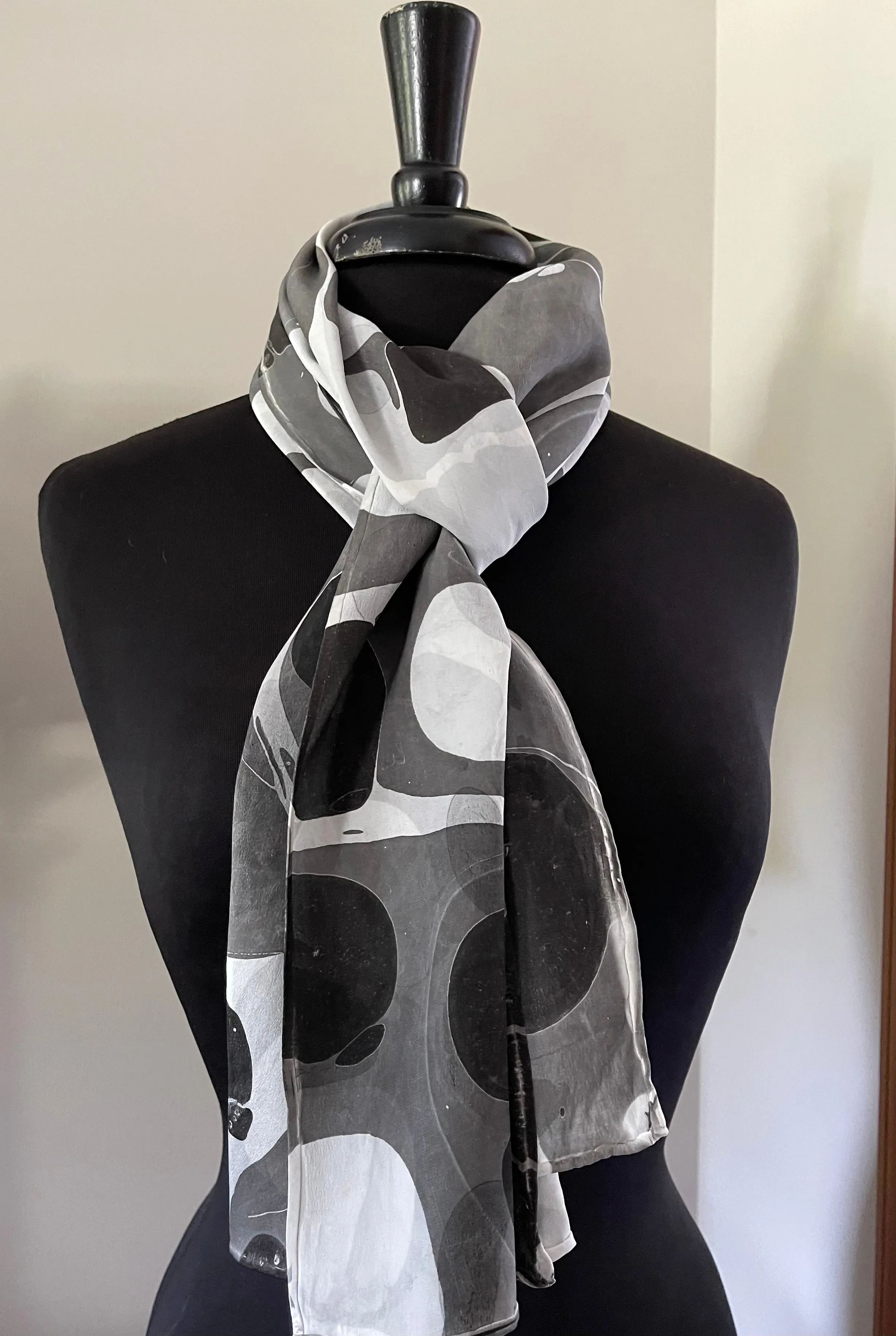 Twice marbled black & white stone.  Charmeuse  Silk 72x14” bold fun. This beautiful silk makes a unique dresser cover and scarf