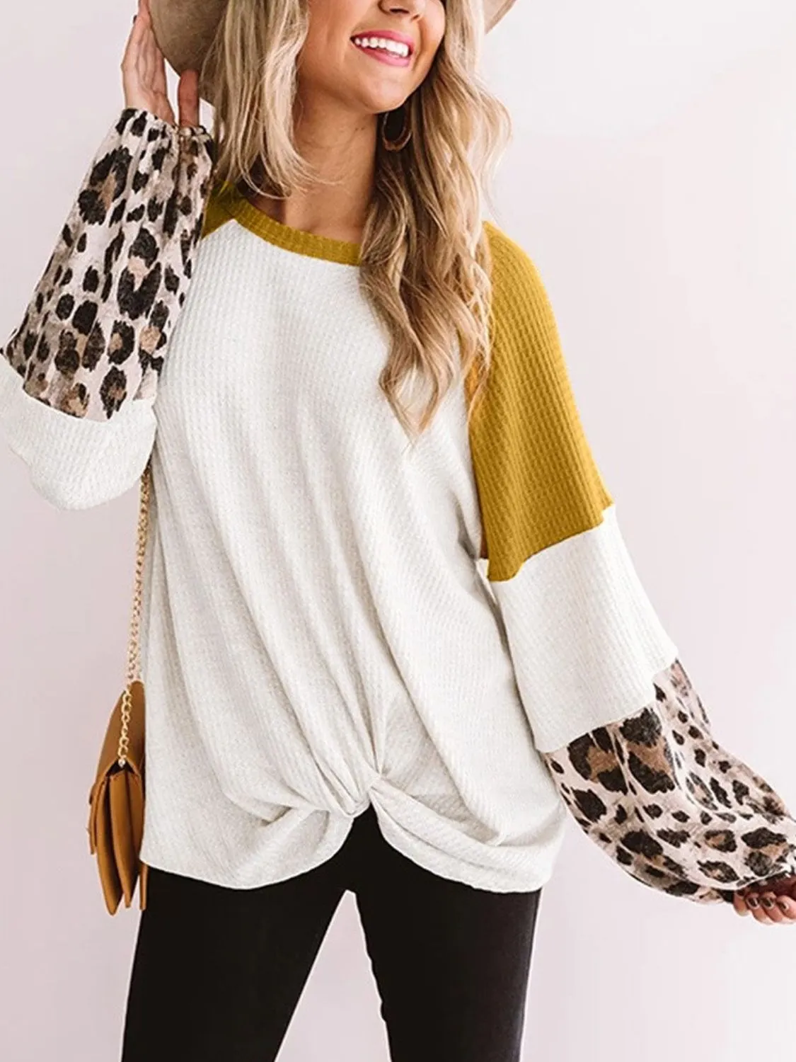 Twisted Color Block Round Neck Long Sleeve Top (2 Colors)