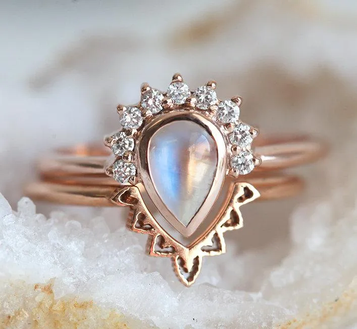 Ulysses Pear Moonstone Diamond Ring Set